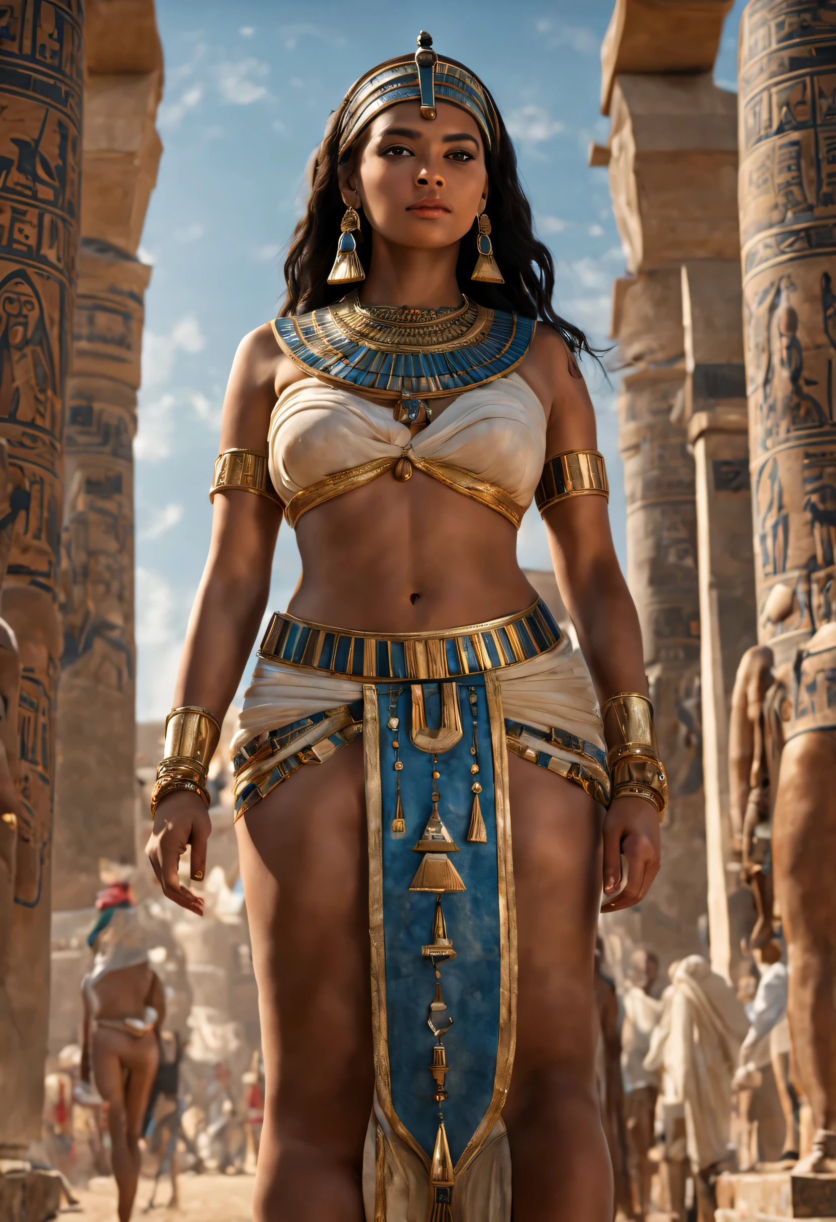 (best quality,4k,highres,masterpiece:1.2),ultra-detailed,(realistic,photorealistic,photo-realistic:1.37), HDR, UHD, An (extremely beautiful Egyptian woman age: 18, hourglass figure, blessed proportions, sky clad) is attending the Opet festival in Ancient Egypt, she is in a Thebes with many other women nearby. (Show her entire body, show her from head to toe, full body shot).