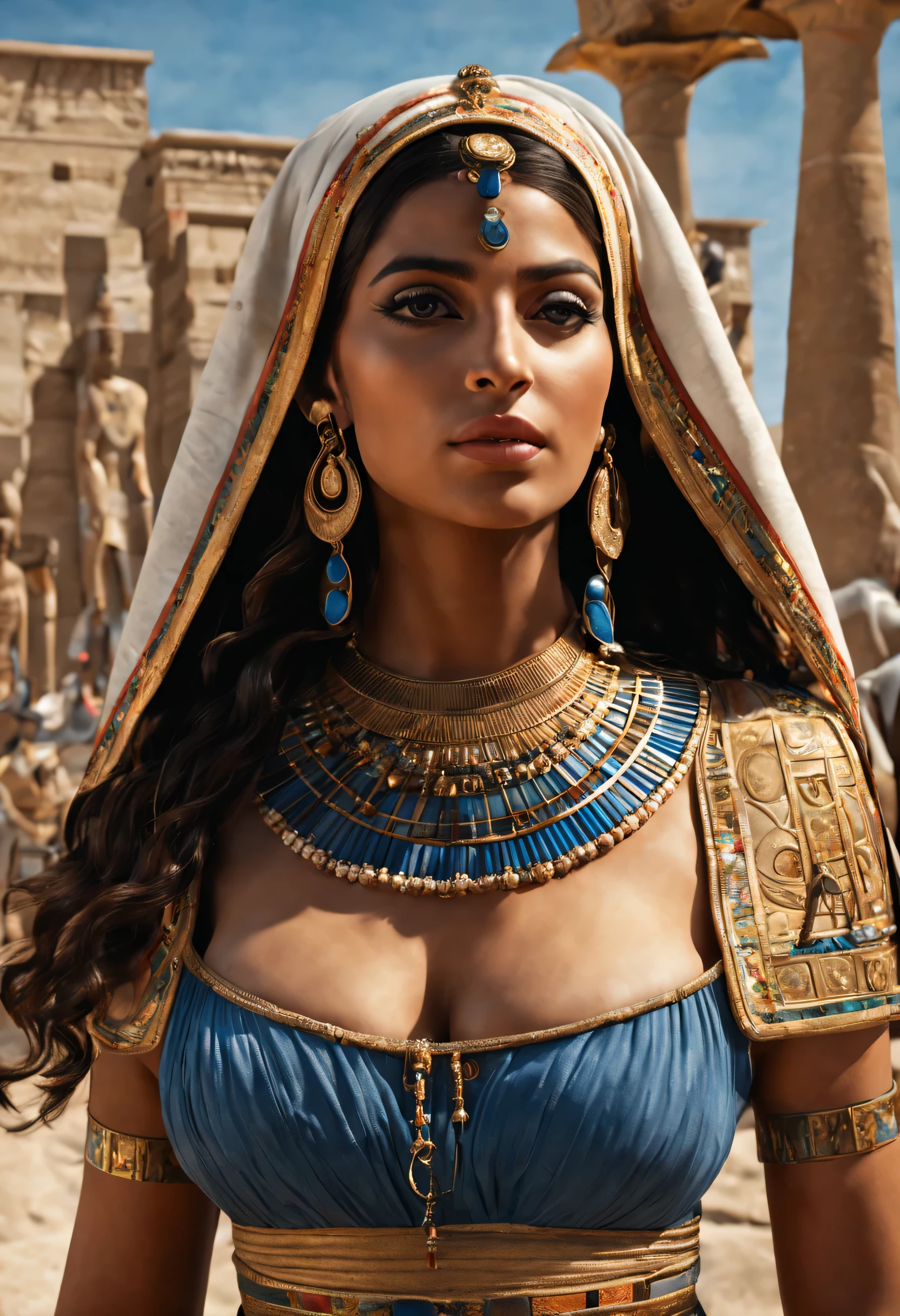 (best quality,4k,highres,masterpiece:1.2),ultra-detailed,(realistic,photorealistic,photo-realistic:1.37), HDR, UHD, An (extremely beautiful Egyptian woman age: 18, hourglass figure, blessed proportions, sky clad) is attending the Opet festival in Ancient Egypt, she is in a Thebes with many other women nearby. (Show her entire body, show her from head to toe, full body shot).
