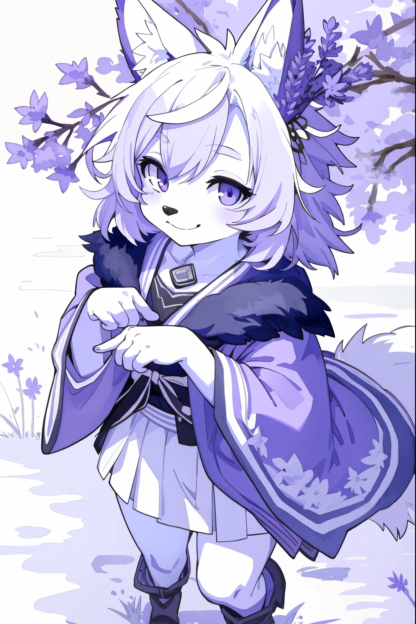 monochrome, watercolor, highres, top quality, best quality, paid reward available, High-quality illustrations, unparalleled masterpiece, perfect artwork, absurdres, 1girl, kemono, furry, detailed body fur, animal face, animal hand, Archaic Smile, holding a cluster of purple lavender in both hands, which are positioned at chest level, She is wearing a simple ring on the ring finger of her left hand, unfocused spread of purple lavender, fan-created work shared on platforms Pixiv or Twitter,