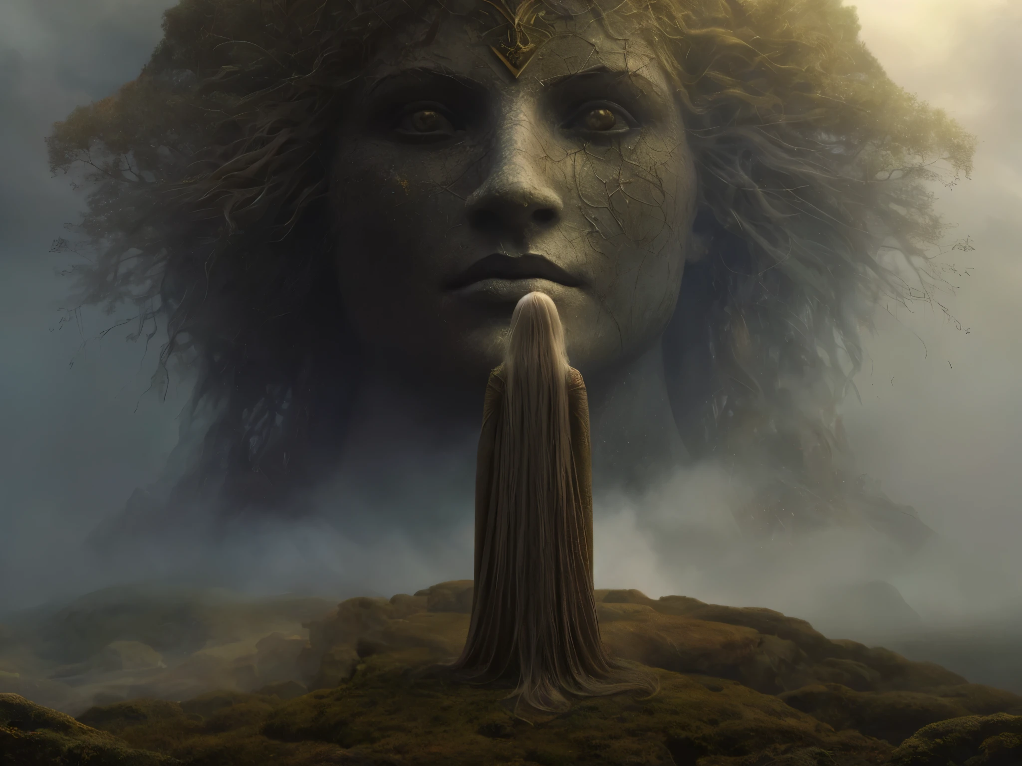 there is a woman with a long hair standing in front of a statue, yuri shwedoff and tom bagshaw, earth goddess mythology, jessica rossier and brian froud, goddess. extremely high detail, the lady of ash, detailed matte fantasy portrait, matte painting of human mind, fantasy art behance, beautiful female gorgon, 4k fantasy art