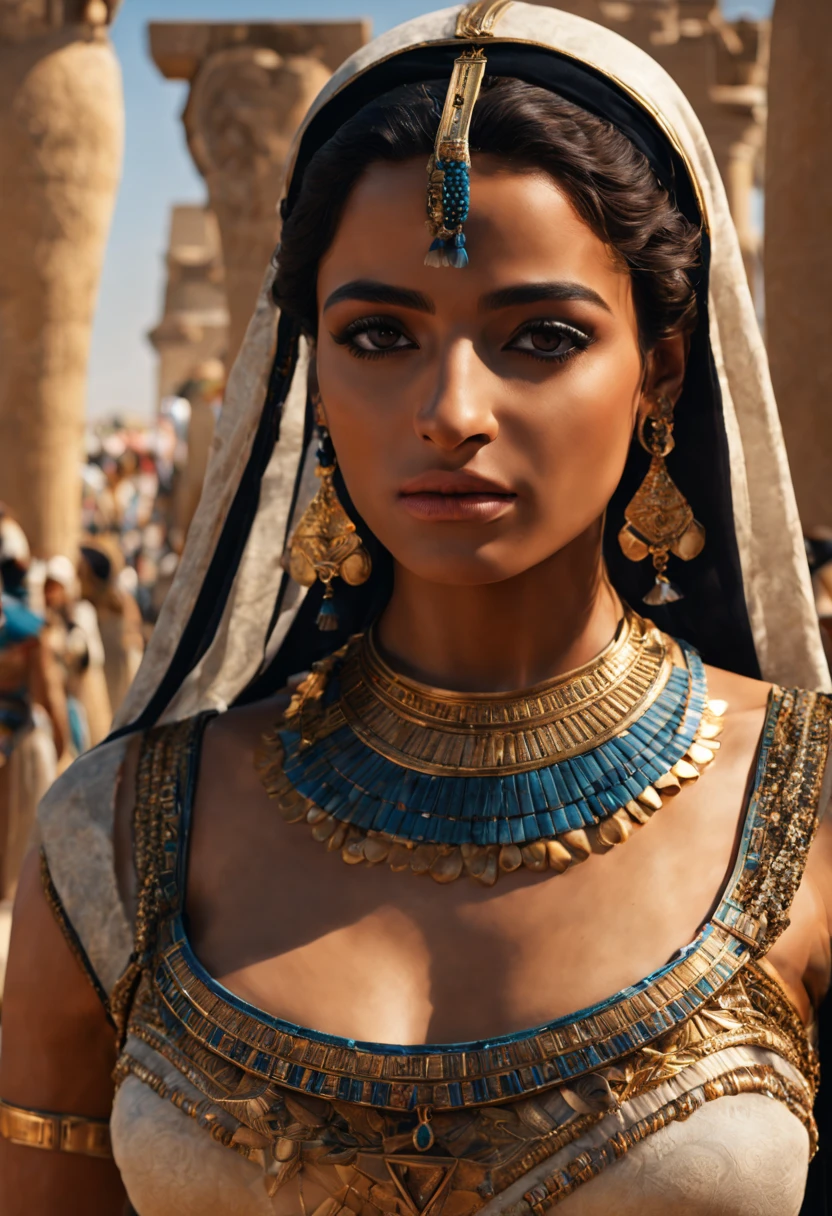 (best quality,4k,highres,masterpiece:1.2),ultra-detailed,(realistic,photorealistic,photo-realistic:1.37), HDR, UHD, An (extremely beautiful Egyptian woman age: 18, hourglass figure, blessed proportions, dressed appropriately for the era and location) is attending the Opet festival in Ancient Egypt, she is in a Thebes with many other women nearby. (Show her entire body, show her from head to toe, full body shot).