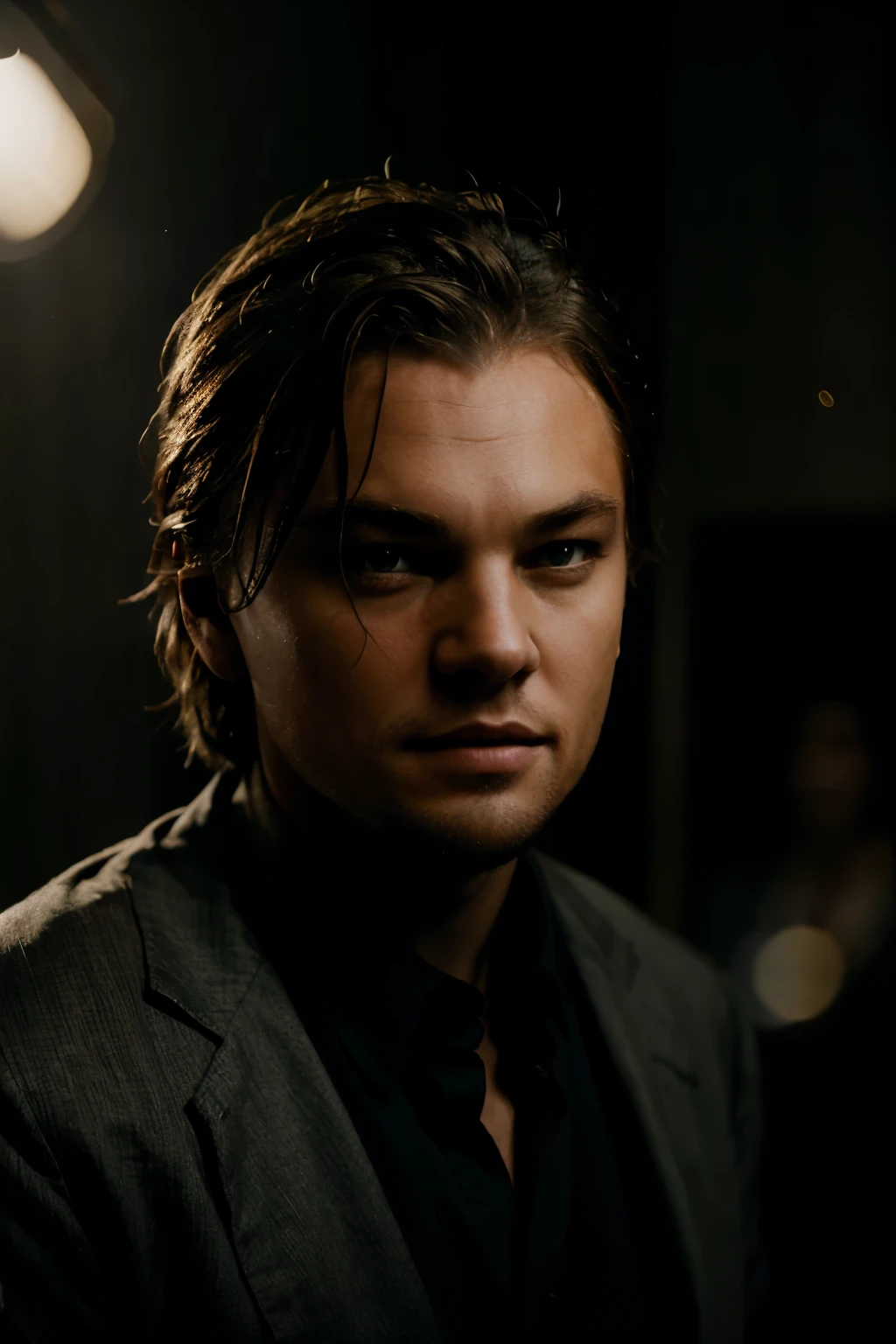 realistic photo of Leonardo Dicaprio, studio portrait, dramatic lighting, cinematic look, 50mm lens.