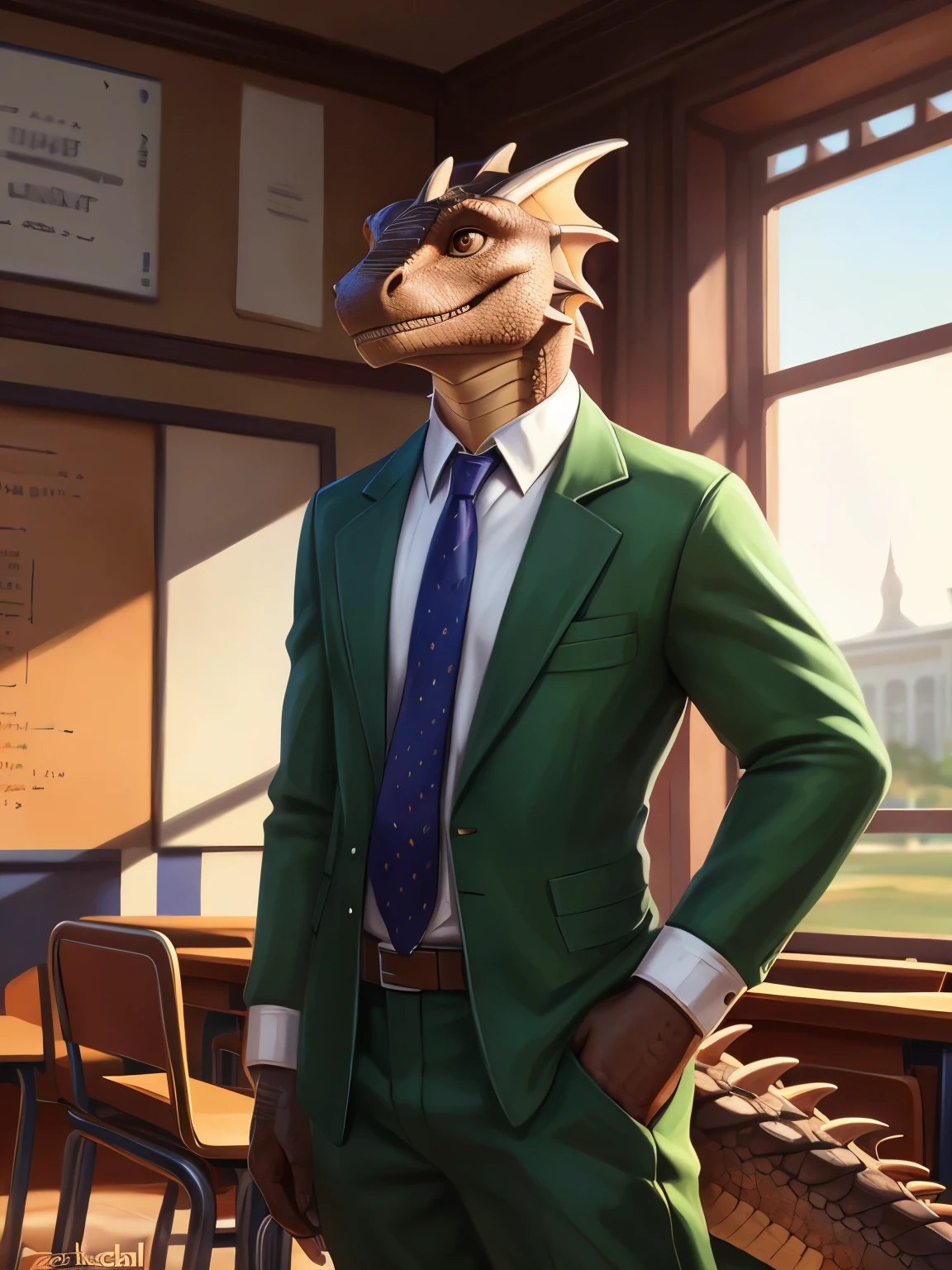 (by pixelsketcher), (by personalami), solo,male,boy, dragon,scale, lizard,detailed background, (cinematic lighting:1.1), (perfect focus:1.1), 8k hd, photo, (detailed eyes:1.2),depth of field, bokeh, subsurface scattering, wide ,(uniform, school uniform, green uniform, tie,green pants,open shirt, open pants,penis spines,nsfw), bright colors, (furry detail), school background, chairs, classroom, window,photorealistic, ultra realistic,realistic,smile,(scale),(realistic scales:1.1),(tail), (extreme scale),solo,((Brown scales,Brown skin)), Brown eyes, beautiful brown eyes, detailed eyes,full body,sexy legs,pixar style eyes,standing, posing,((older, of age,tall,athletic, muscular))