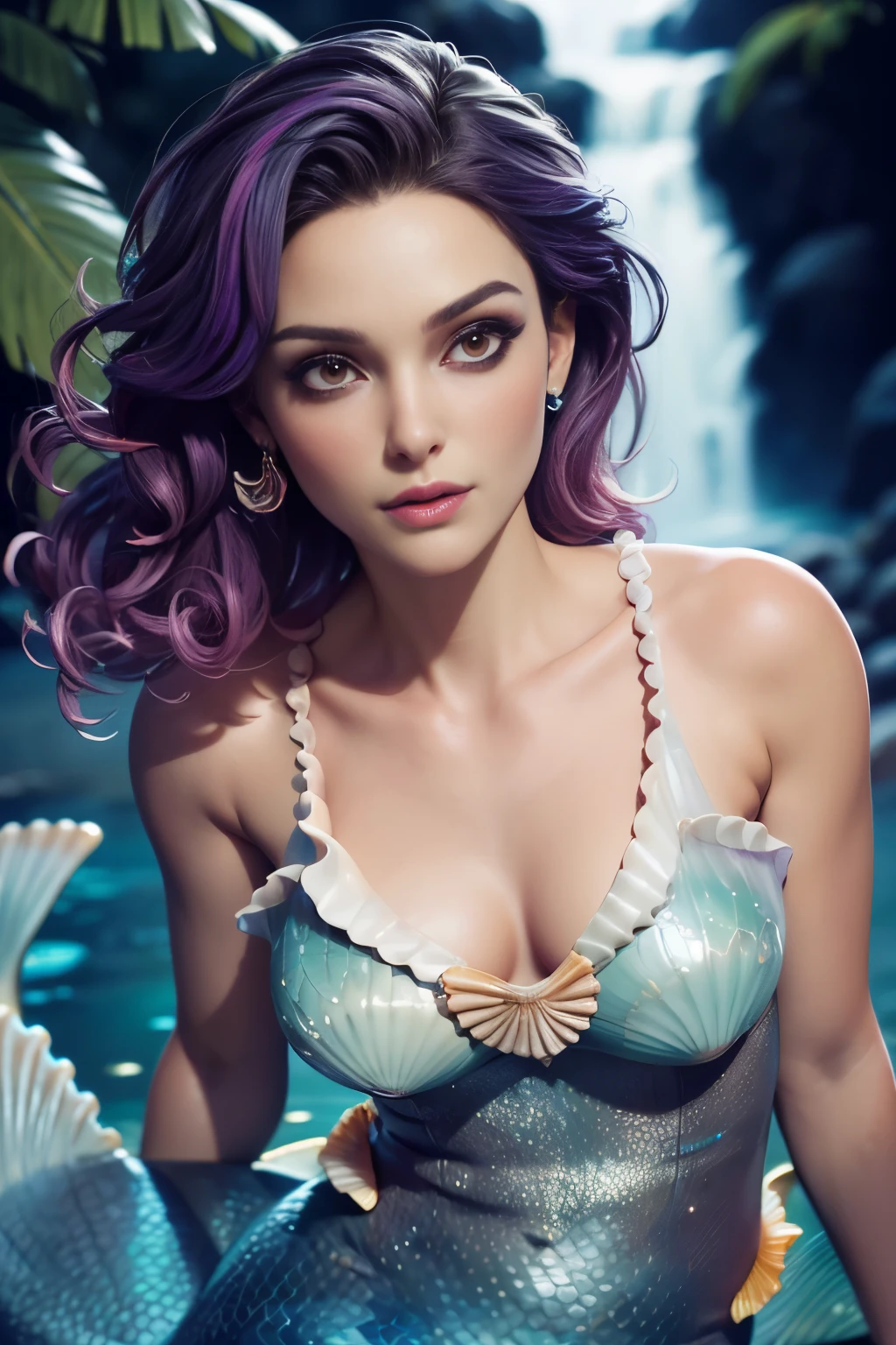 photo of celebrity, RAW, beautiful woman, ((portrait)), ((detailed face, colorful rainbow hair:1.2)), ((detailed facial feature, detailed skin, clear skin, parted lips), (perfect proportioned body, medium breasts, cleavage), (wearing revealing clothes, (wearing mermaid dress costume with clam shell top: 1.5)), (high detailed tropical waterfall environment, pale skin, dark makeup: 1.5)), (high detailed pub, her front to us, frontview: 1.3), (realistic photo, best quality, detailed), (8k wallpaper), (cinematic lighting, dramatic lighting) (sharp focus, intricate)
