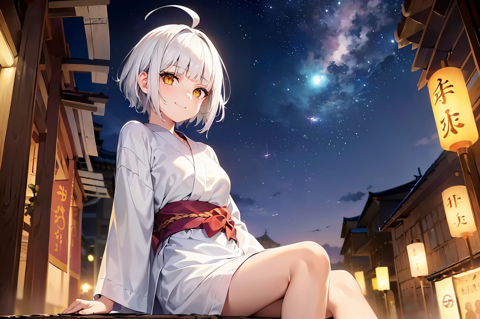 Arte de capa, ilustration, Cimematic vision, nigth, ((1girl)), (lolita), ((((short white hair)))), (((blunt bangs))), yellow eyes, ((cabelo emaranhado)), caminhando de costas, ((looking at the camera)) ((((sorriso expendido)))), Sonolenta, ((ahoge)), ((vestindo yukata preta)), Red tie, desleixada, ((melhor qualidade)), ((obra de arte)), (detalhado), rosto perfeito, ((style novel)) (((in festival))), ((noite)), cores beautiful, ((((style anime Shikimori-san))))