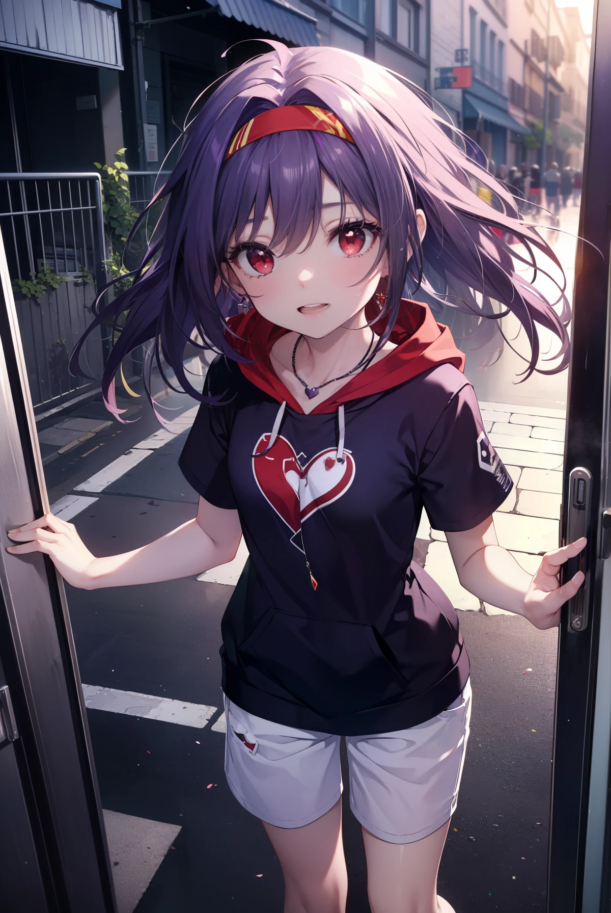 yuukikonno, Yuki Konno, hair band, long hair, pointed ears, purple hair, (red eyes:1.5), (small breasts:1.2), open your mouth,smile,purple hoodie wearing a hood,black t-shirt,heart shaped necklace,white pantyhose,shorts,short boots,school gate,
break looking at viewer, Upper body, whole body,
break outdoors, University,
break (masterpiece:1.2), highest quality, High resolution, unity 8k wallpaper, (figure:0.8), (detailed and beautiful eyes:1.6), highly detailed face, perfect lighting, Very detailed CG, (perfect hands, perfect anatomy),