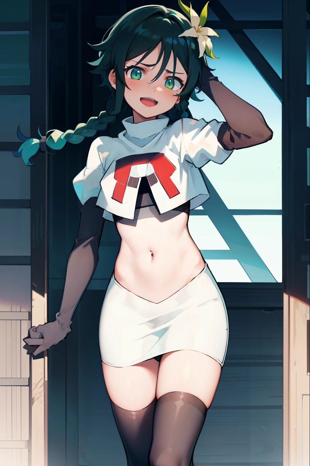 absurdres,venti,1boy, male focus, trap,black hair, green-blue hair, hair braid,hair flower,aqua green eyes,crossdressing,1boy,team rocket,team rocket uniform,white skirt,red letter R,crop top,black thigh-highs,black elbow gloves, laughing,happy, blush