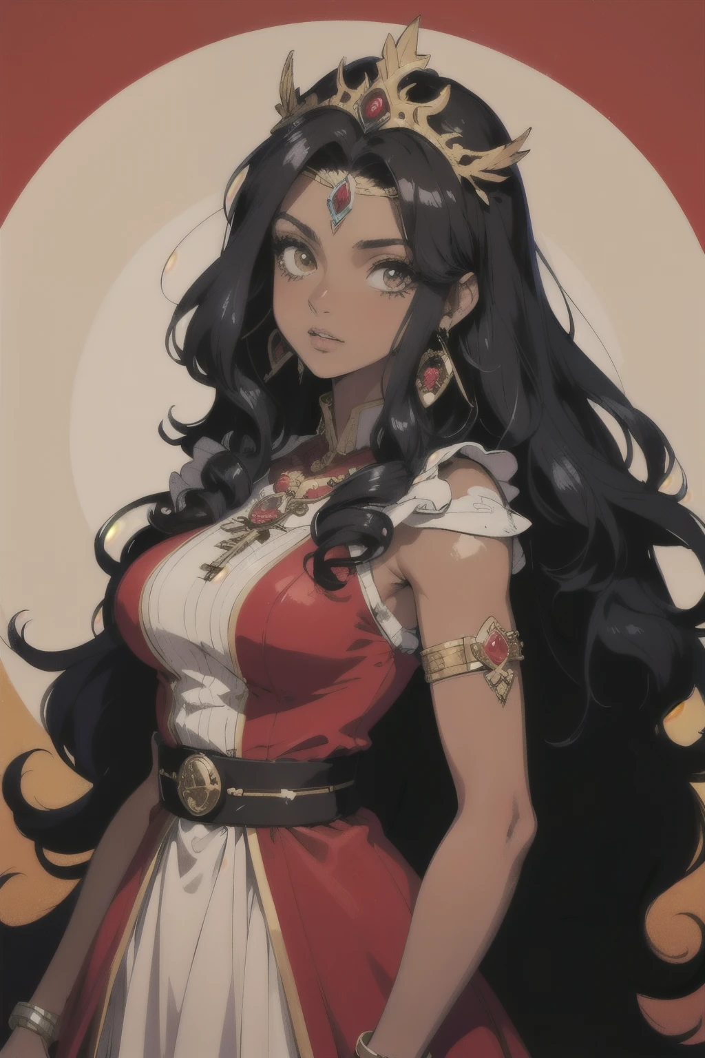 ((best quality)), ((masterpiece)), (detailed), perfect face, female, long hair, curly hair, black hair, red tinted hair, fantasy princess, gemstone diadem, elaborate dress, Mexican inspired dress, multicolored dress, dark skin, hazel eyes, red eyeshadow, Mexican inspired fantasy character, detailed key anime art, Aztec undertones, detailed digital anime art, Aztec Princess