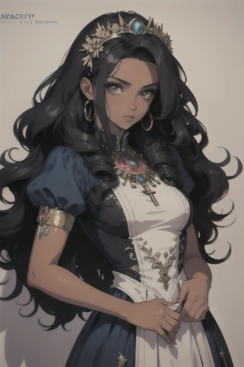 ((best quality)), ((masterpiece)), (detailed), perfect face, female, long hair, curly hair, black hair, red tinted hair, fantasy princess, gemstone diadem, elaborate dress, Mexican inspired dress, multicolored dress, dark skin, hazel eyes, red eyeshadow, Mexican inspired fantasy character, detailed key anime art, Aztec undertones, detailed digital anime art