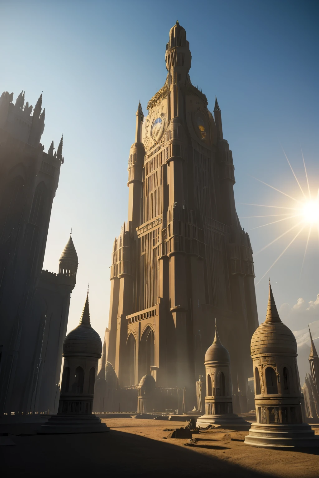 In the expansive landscape, a wide shot of Dr. Fate's Tower of Fate dominates the view, rendered in photorealistic 16K quality using Unreal Engine and Octane Render. Hyper-realistic textures and intricate ornate details cover every surface, bringing the tower to life with immaculate technical precision. Sunlight filters through the atmosphere, casting cinematic lighting with volumetric rays and accentuating the tower's grandeur. Shadows dance gracefully across the ground, adding depth and balancing the dramatic contrast between light and dark. Ray-traced reflection and refraction gleams adorn the various surfaces, enhancing the overall hyper-realistic effect
