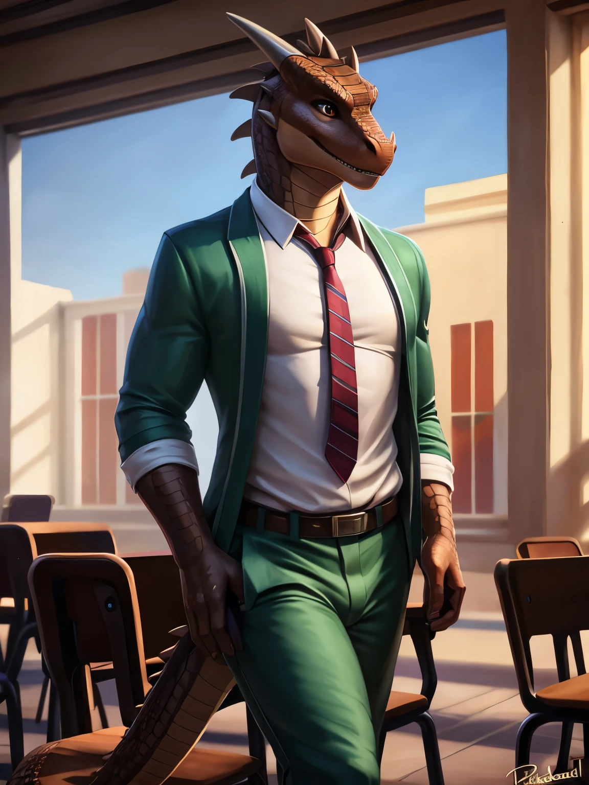 (by pixelsketcher), (by personalami), solo,male,boy, dragon,scale, lizard,detailed background, (cinematic lighting:1.1), (perfect focus:1.1), 8k hd, photo, (detailed eyes:1.2),depth of field, bokeh, subsurface scattering, wide ,(tie,green pants,open shirt, open pants,penis spines,penis,nsfw), bright colors, (furry detail), school background, chairs, classroom, window,photorealistic, ultra realistic,realistic,smile,(scale),(realistic scales:1.1),(tail), (extreme scale),solo,((Brown scales,Brown skin)), Brown eyes, beautiful brown eyes, detailed eyes,full body,sexy legs,pixar style eyes,standing, posing,((older, of age,tall,athletic, muscular))