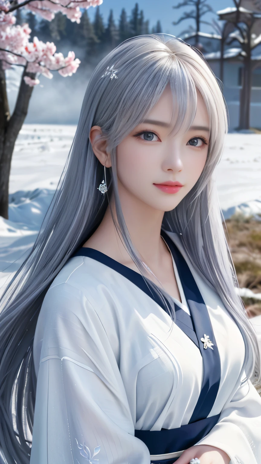 (logo, masterpiece, 8k, table top, RAW photo, wonderful, 最high quality, Photorealistic and hvery detailed CG integrated 8k wallpaper, high quality, very detailed, Narrative poem, particle effects, dynamic effects, Depth of written boundary, cinematic light, Lens flare, ray tracing, anatomically accurate)), fantasy, 1 beautiful woman, silver hair, clear eyes, long hair, beautiful face, real face, 緻密でbeautiful eyes, beautiful skin, long hairがWindでなびく, long hairが跳ねる, long hairがWindで踊る, hair jump, jewelry, beautiful eyes, white kimono, white obi, White cherry blossom embroidery pattern, silver earrings, Wind, blue sky, beautiful background, 古代のWind, Xianxia, 雪とhoarfrost, very cold winter day, snow-capped mountainや森, hoarfrost, snow-capped mountain々, The beauty and brilliance of frost-covered trees, The tranquility and beauty of a world of ice and snow, Wind, god々, god話, vast land