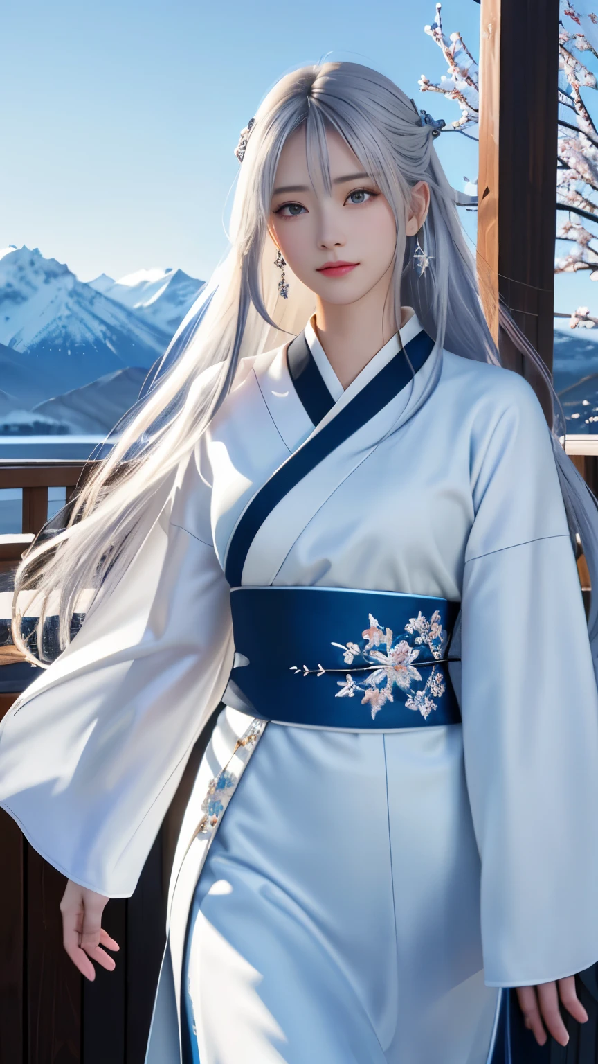 (logo, masterpiece, 8k, table top, RAW photo, wonderful, 最high quality, Photorealistic and hvery detailed CG integrated 8k wallpaper, high quality, very detailed, Narrative poem, particle effects, dynamic effects, Depth of written boundary, cinematic light, Lens flare, ray tracing, anatomically accurate)), fantasy, 1 beautiful woman, silver hair, clear eyes, long hair, beautiful face, real face, 緻密でbeautiful eyes, beautiful skin, long hairがWindでなびく, long hairが跳ねる, long hairがWindで踊る, hair jump, jewelry, beautiful eyes, white kimono, white obi, White cherry blossom embroidery pattern, silver earrings, Wind, blue sky, beautiful background, 古代のWind, Xianxia, 雪とhoarfrost, very cold winter day, snow-capped mountainや森, hoarfrost, snow-capped mountain々, The beauty and brilliance of frost-covered trees, The tranquility and beauty of a world of ice and snow, Wind, god々, god話, vast land