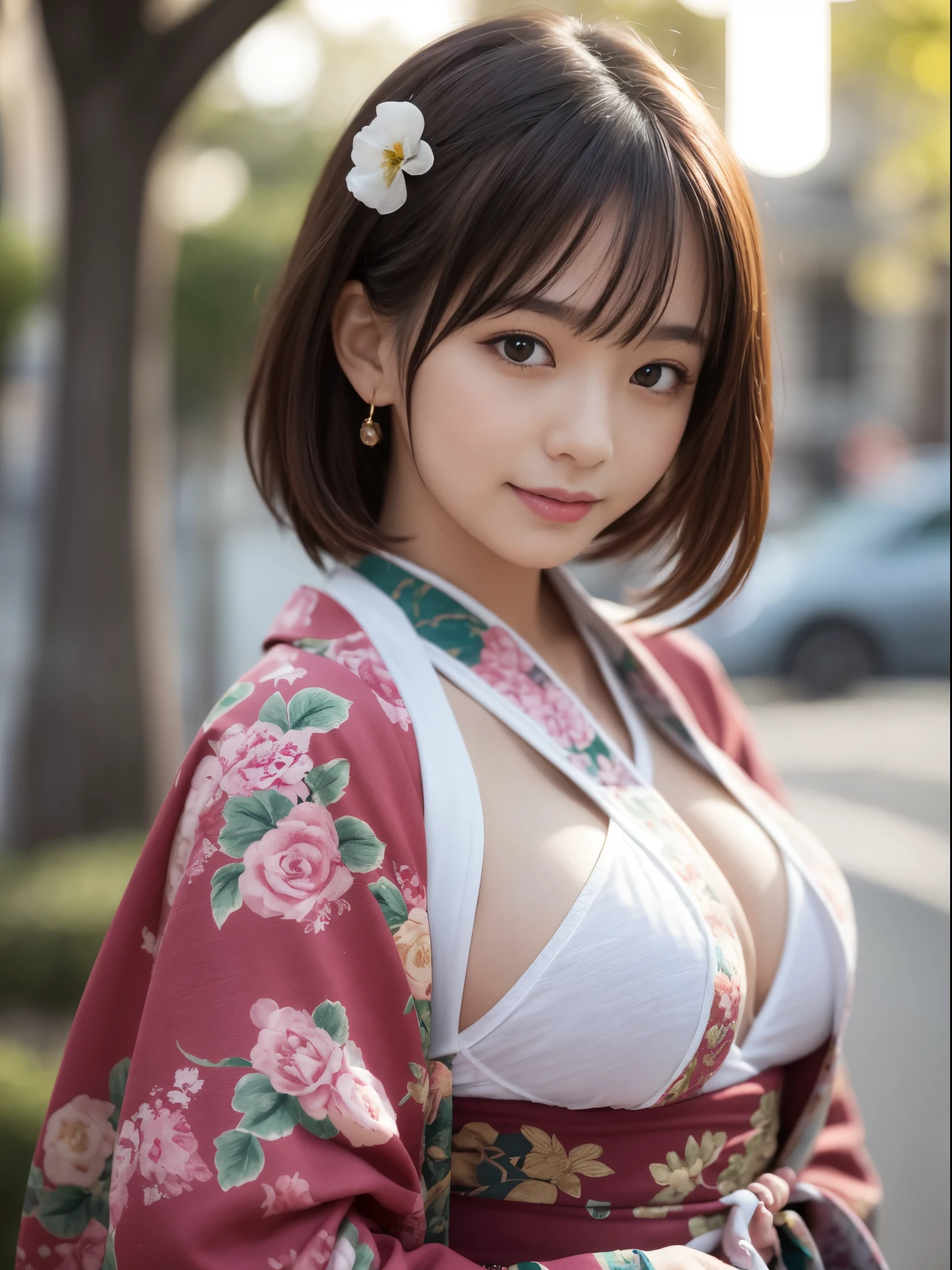 table top, highest quality, figure, super detailed, finely, High resolution, 8k wallpaper, 完璧なダイナミックな構figure, detailed and beautiful eyes, She wears a red kimono,medium hair,natural color lip, bold sexy pose,smile,Harajuku、2１old japanese girl、cute、sexy shot looking at camera、perfect proportions、C cup、brown hair、cacique#39;face、Blurred green park background
