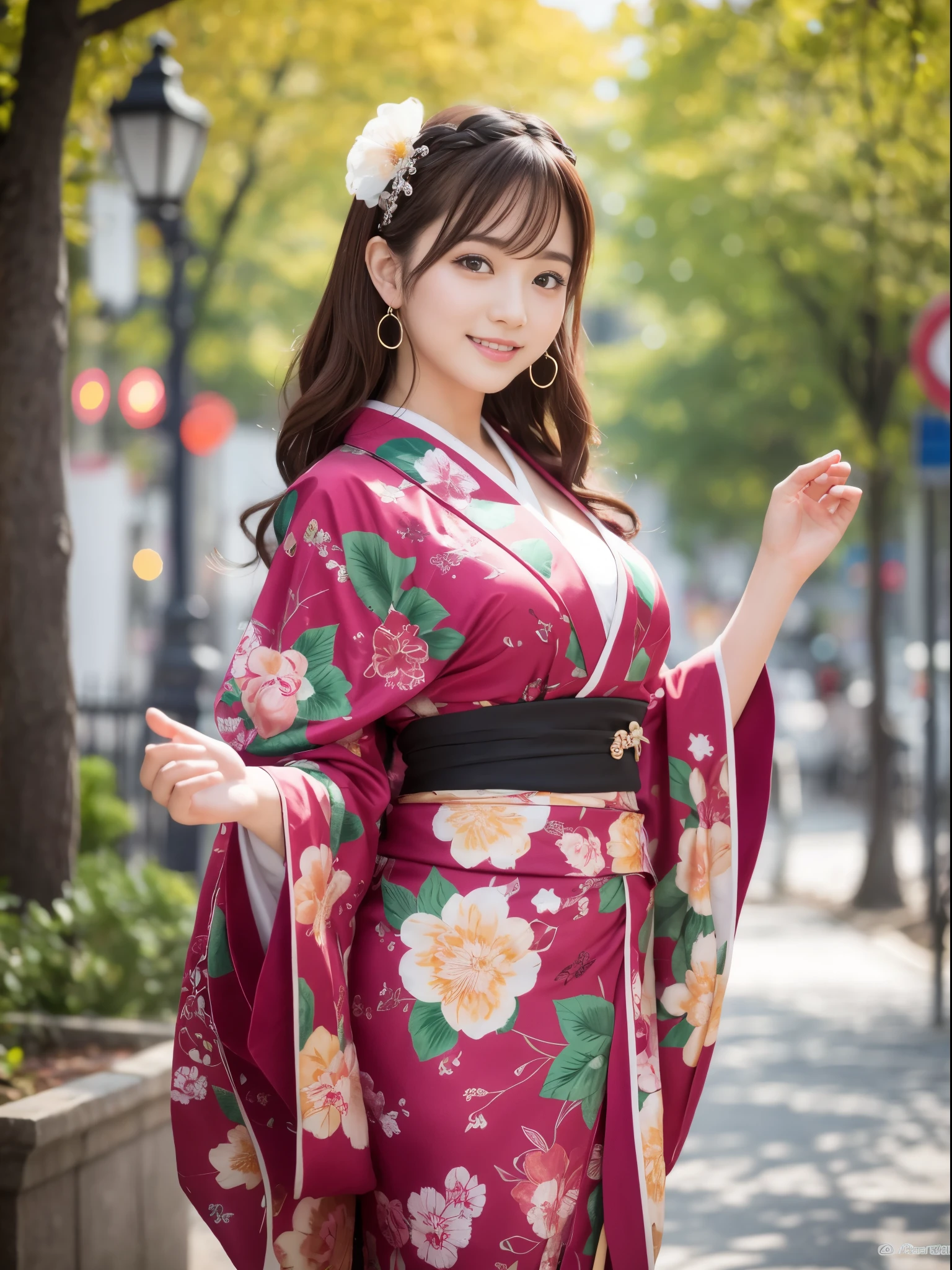 table top, highest quality, figure, super detailed, finely, High resolution, 8k wallpaper, 完璧なダイナミックな構figure, detailed and beautiful eyes, She wears a red kimono,medium hair,natural color lip, bold sexy pose,smile,Harajuku、2１old japanese girl、cute、sexy shot looking at camera、perfect proportions、C cup、brown hair、cacique#39;face、Blurred green park background
