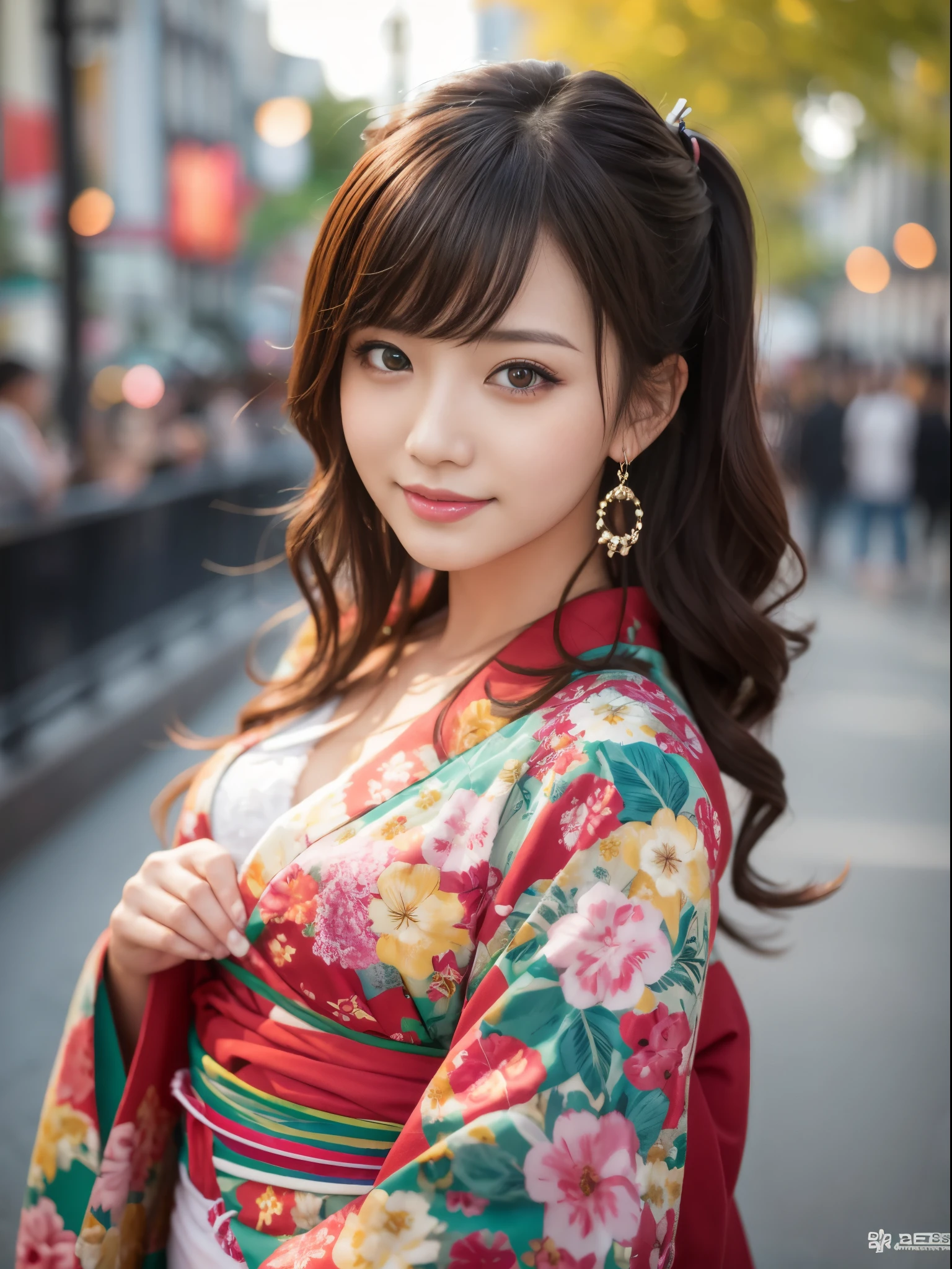 table top, highest quality, figure, super detailed, finely, High resolution, 8k wallpaper, 完璧なダイナミックな構figure, detailed and beautiful eyes, She wears a red kimono,medium hair,natural color lip, bold sexy pose,smile,Harajuku、21old japanese girl、cute、sexy shot looking at camera、perfect proportions、C cup、brown hair、cacique#39;face、Blurred green park background