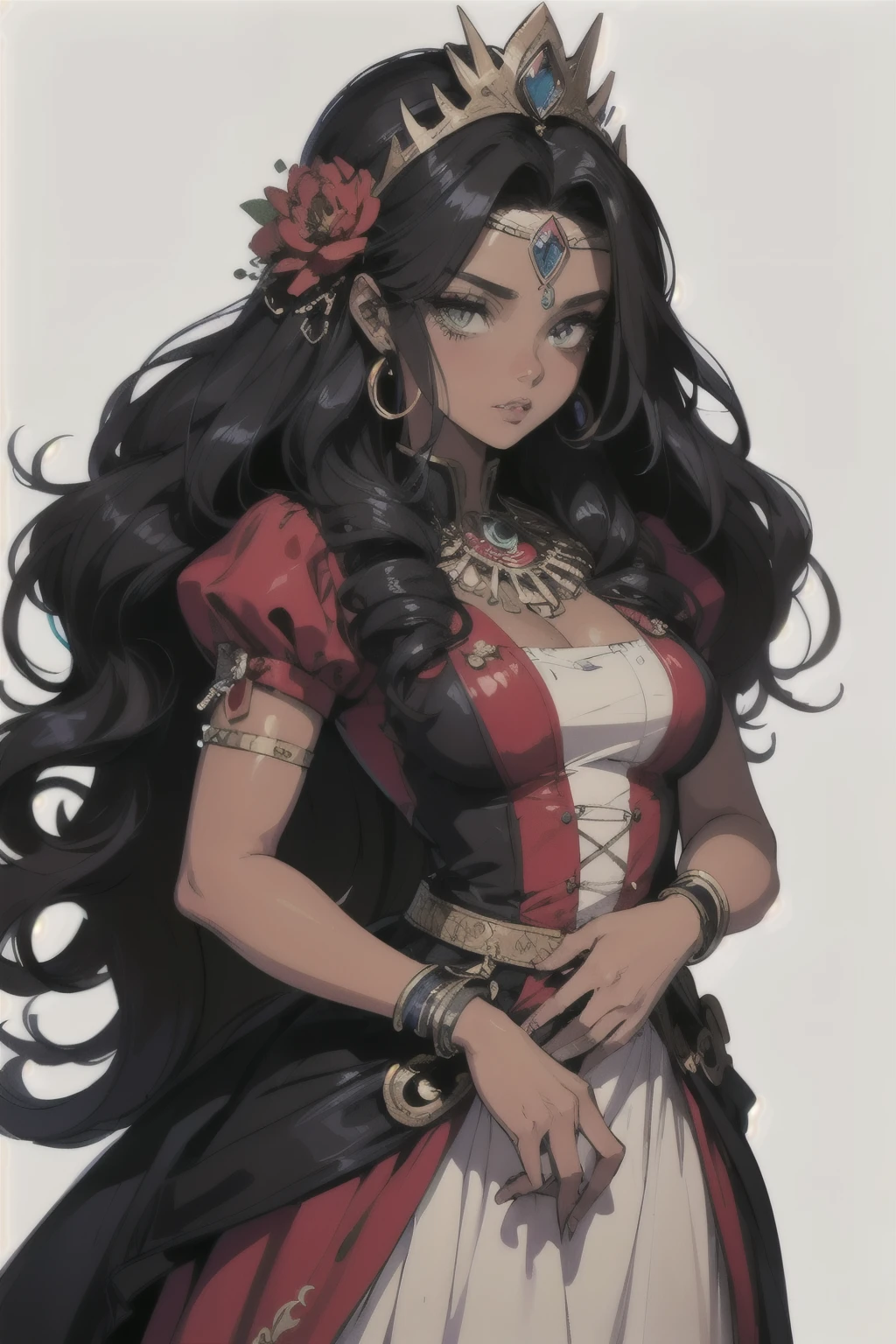 ((best quality)), ((masterpiece)), (detailed), perfect face, female, long hair, curly hair, black hair, red tinted hair, fantasy princess, gemstone diadem, elaborate dress, Mexican inspired dress, multicolored dress, dark skin, hazel eyes, red eyeshadow, Mexican inspired fantasy character, detailed key anime art, Aztec undertones, detailed digital anime art, Aztec Princess