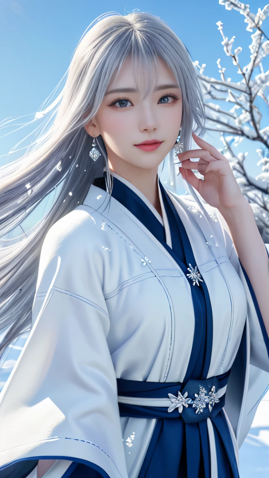 (logo, masterpiece, 8k, table top, RAW photo, wonderful, 最high quality, Photorealistic and hvery detailed CG integrated 8k wallpaper, high quality, very detailed, Narrative poem, particle effects, dynamic effects, Depth of written boundary, cinematic light, Lens flare, ray tracing, anatomically accurate)), fantasy, 1 beautiful woman, silver hair, clear eyes, long hair, beautiful face, real face, 緻密でbeautiful eyes, beautiful skin, long hairがWindでなびく, long hairが跳ねる, long hairがWindで踊る, hair jump, jewelry, beautiful eyes, white kimono, white obi, White cherry blossom embroidery pattern, silver earrings, Wind, blue sky, beautiful background, 古代のWind, Xianxia, 雪とhoarfrost, very cold winter day, snow-capped mountainや森, hoarfrost, snow-capped mountain々, The beauty and brilliance of frost-covered trees, The tranquility and beauty of a world of ice and snow, Wind, god々, god話, vast land