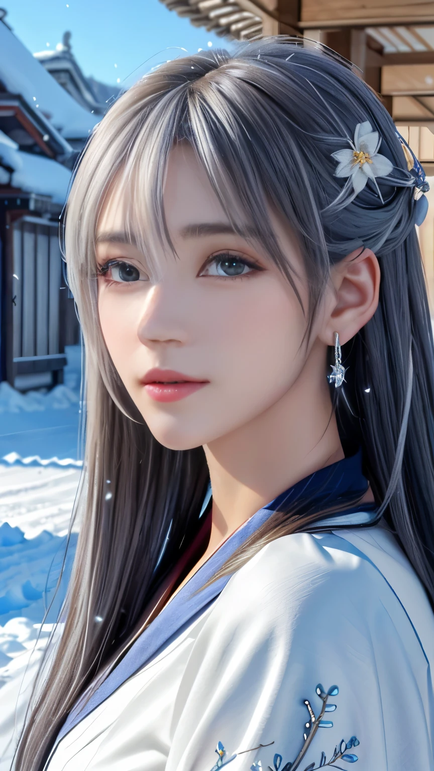 (logo, masterpiece, 8k, table top, RAW photo, wonderful, 最high quality, Photorealistic and hvery detailed CG integrated 8k wallpaper, high quality, very detailed, Narrative poem, particle effects, dynamic effects, Depth of written boundary, cinematic light, Lens flare, ray tracing, anatomically accurate)), fantasy, 1 beautiful woman, silver hair, clear eyes, long hair, beautiful face, real face, 緻密でbeautiful eyes, beautiful skin, long hairがWindでなびく, long hairが跳ねる, long hairがWindで踊る, hair jump, jewelry, beautiful eyes, white kimono, white obi, White cherry blossom embroidery pattern, silver earrings, Wind, snow scene, beautiful background, 古代のWind, Xianxia, snow makeup, 雪とhoarfrost, very cold winter day, snow-capped mountainや森, hoarfrost, snow-capped mountain々, The beauty and brilliance of frost-covered trees, The tranquility and beauty of a world of ice and snow, Wind, god々, god話, vast land