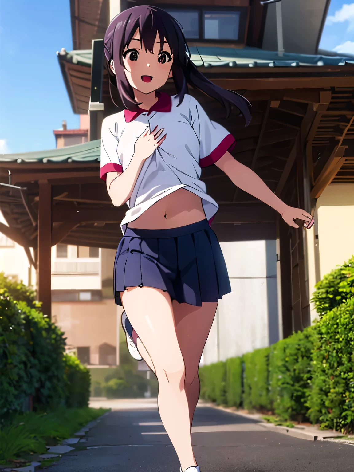 (best quality, masterpiece:1.2), 1girl, (((masterpiece))), (((full body))), (((running))), top-quality, top-quality, High Details, nakano azusa, 1girl, Sakuragaoka High School Uniform, sport clothes,short-sleeved sports shirt, shorts, Twin-tailed, length hair, A dark-haired, brown-eyed, solo, reddish, illustratio, comic strip, soothing tones, Subdued Color, Soft cinematic light, adobe lightroom, photolab, HDR, intricately and hyper-detailed、(((depth of fieldasterpiece)))。(((top-quality))).)((ultra-detailliert)))。(((illustratio)))。(((takeout))).dynamic focus.big breasts.(((city park))).(((A city))).(((Face of happy smile))). Close eye, open mouth.(((put hands on the chest))).(((up chest))).((morning glow)).((the setting sun)), solo, anime, anime screencap, ray tracing, ultra resolution image, vivid color,  cinematic light,  lens flare,  light on face, glow eyes,  depth of field, happy, detailed background, cute,  straight-on, dive dress, navel,