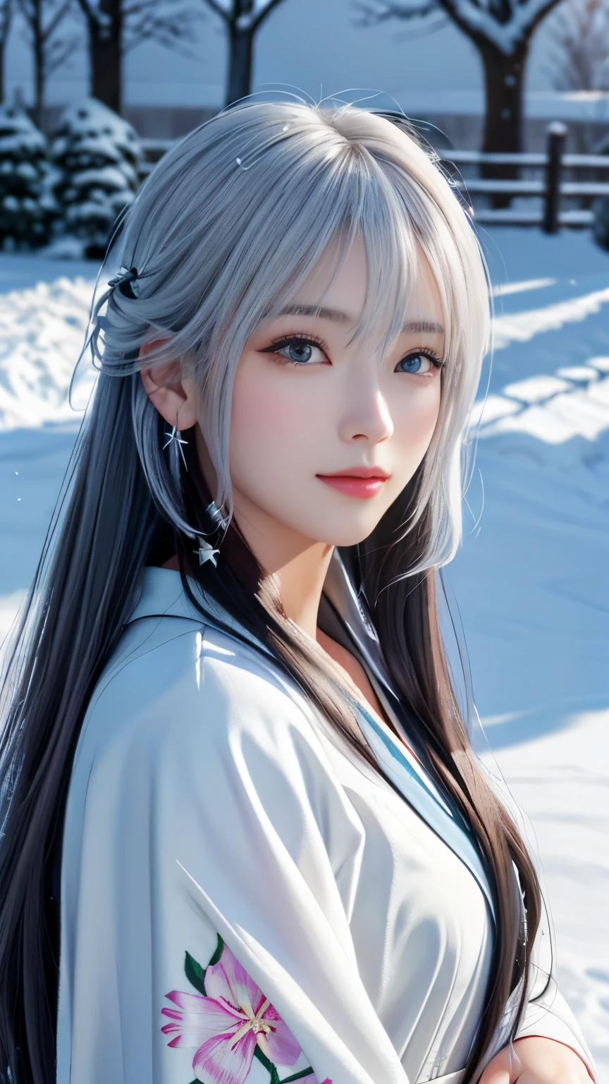 (logo, masterpiece, 8k, table top, RAW photo, wonderful, 最high quality, Photorealistic and hvery detailed CG integrated 8k wallpaper, high quality, very detailed, Narrative poem, particle effects, dynamic effects, Depth of written boundary, cinematic light, Lens flare, ray tracing, anatomically accurate)), fantasy, 1 beautiful woman, silver hair, clear eyes, long hair, beautiful face, real face, 緻密でbeautiful eyes, beautiful skin, long hairがWindでなびく, long hairが跳ねる, long hairがWindで踊る, hair jump, jewelry, beautiful eyes, white kimono, white obi, White cherry blossom embroidery pattern, silver earrings, Wind, snow scene, beautiful background, 古代のWind, Xianxia, snow makeup, 雪とhoarfrost, very cold winter day, snow-capped mountainや森, hoarfrost, snow-capped mountain々, The beauty and brilliance of frost-covered trees, The tranquility and beauty of a world of ice and snow, Wind, god々, god話, vast land
