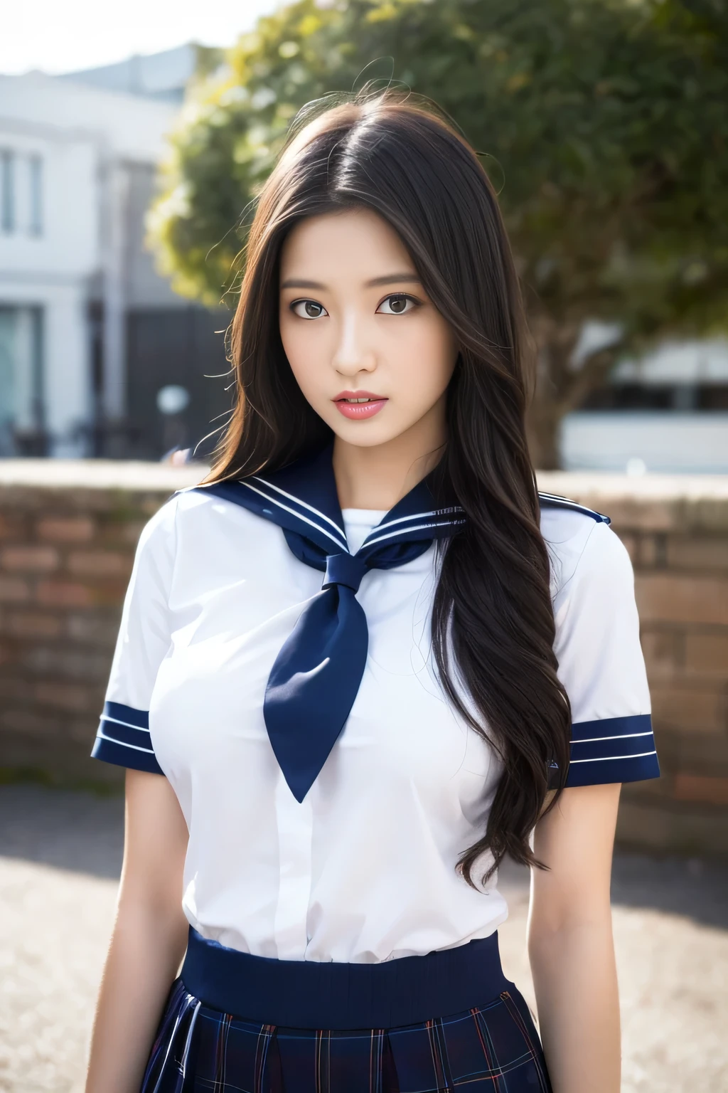 8K RAW写真, highest quality, masterpiece, ultra high resolution, 3D, realistic, 1 girl, Asian, black_hair, black_crew_collar, length_hair, nose, School_uniform, neckerchief, natural skin texture, light brown_eye, detailed eyes and face, lips, lipstick, serious face, huge breastss, Beautiful seaside location, (detailed background), plaid skirt, white shirt, huge breasts, blurred background, short sleeve