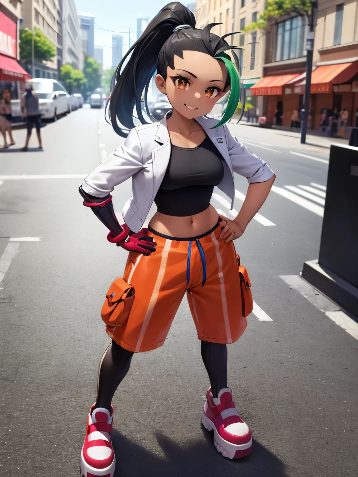 masutepiece, Best Quality, absurderes, Perfect Anatomy, 1girl in, Solo, Nemona, brown eyes, black hair, ponytail, cyberpunk clothes, white jacket, black top, crimson gloves, orange shorts, platform shoes, mind control, Standing, Hands on hips, Smile, arcade scene, Data Stream.