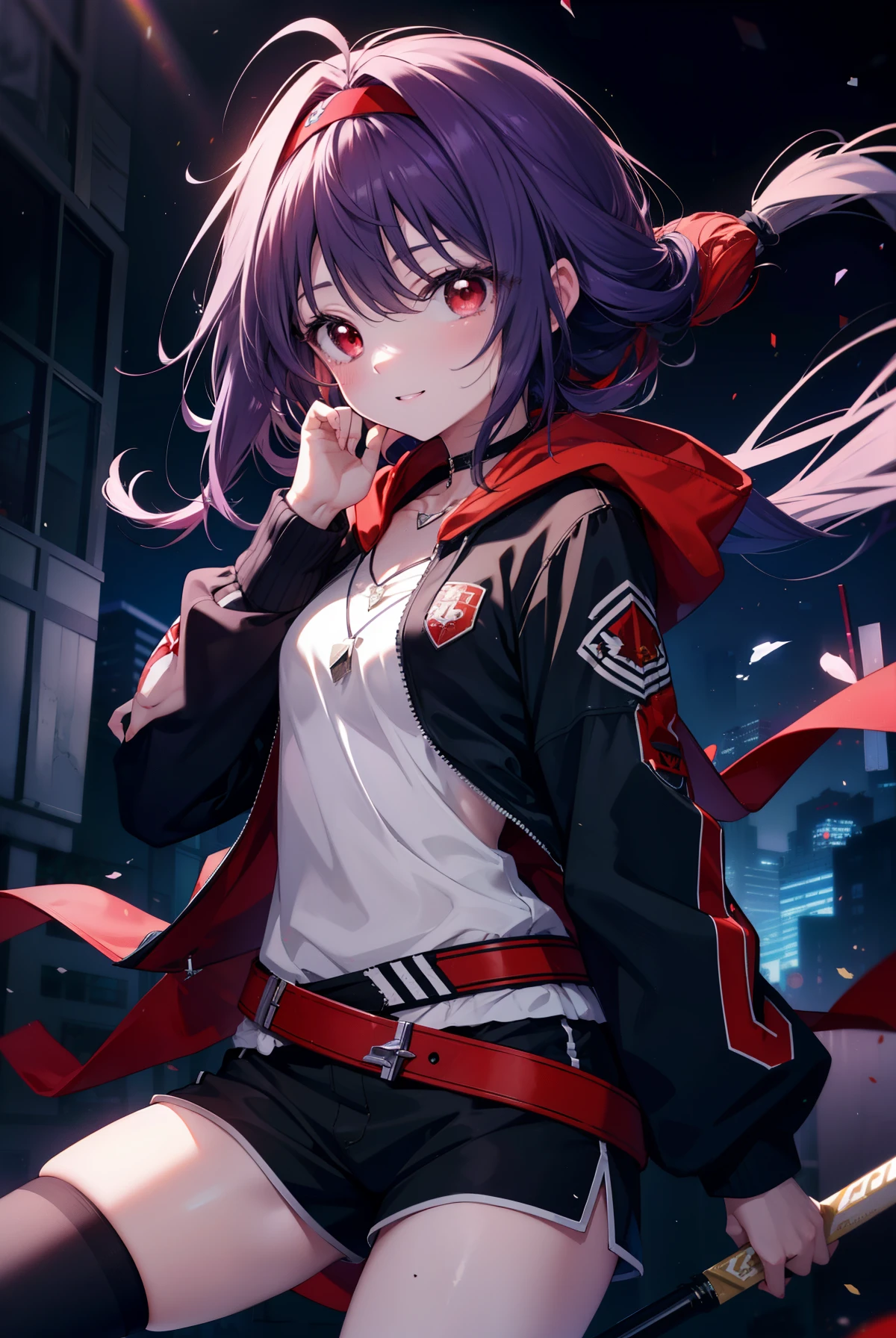 yuukikonno, Yuki Konno, hair band, long hair, pointed ears, purple hair, (red eyes:1.5), (small breasts:1.2), open your mouth,smile,purple hoodie wearing a hood,black t-shirt,heart shaped necklace,white pantyhose,shorts,short boots,school gate,walking,
break looking at viewer, Upper body, whole body,
break outdoors, University,
break (masterpiece:1.2), highest quality, High resolution, unity 8k wallpaper, (figure:0.8), (detailed and beautiful eyes:1.6), highly detailed face, perfect lighting, Very detailed CG, (perfect hands, perfect anatomy),