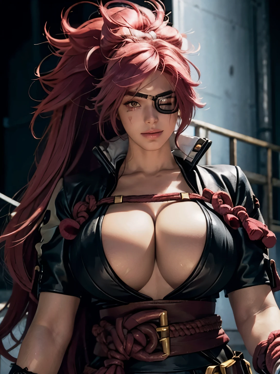 melhor qualidade, ultra high resolution,detailed facial features,HDR,8k resolution, big breasts, big hair, gloves, huge breasts, large breasts, looking at viewer, one eye, pink hair, rope belt, scar, Eye patch 