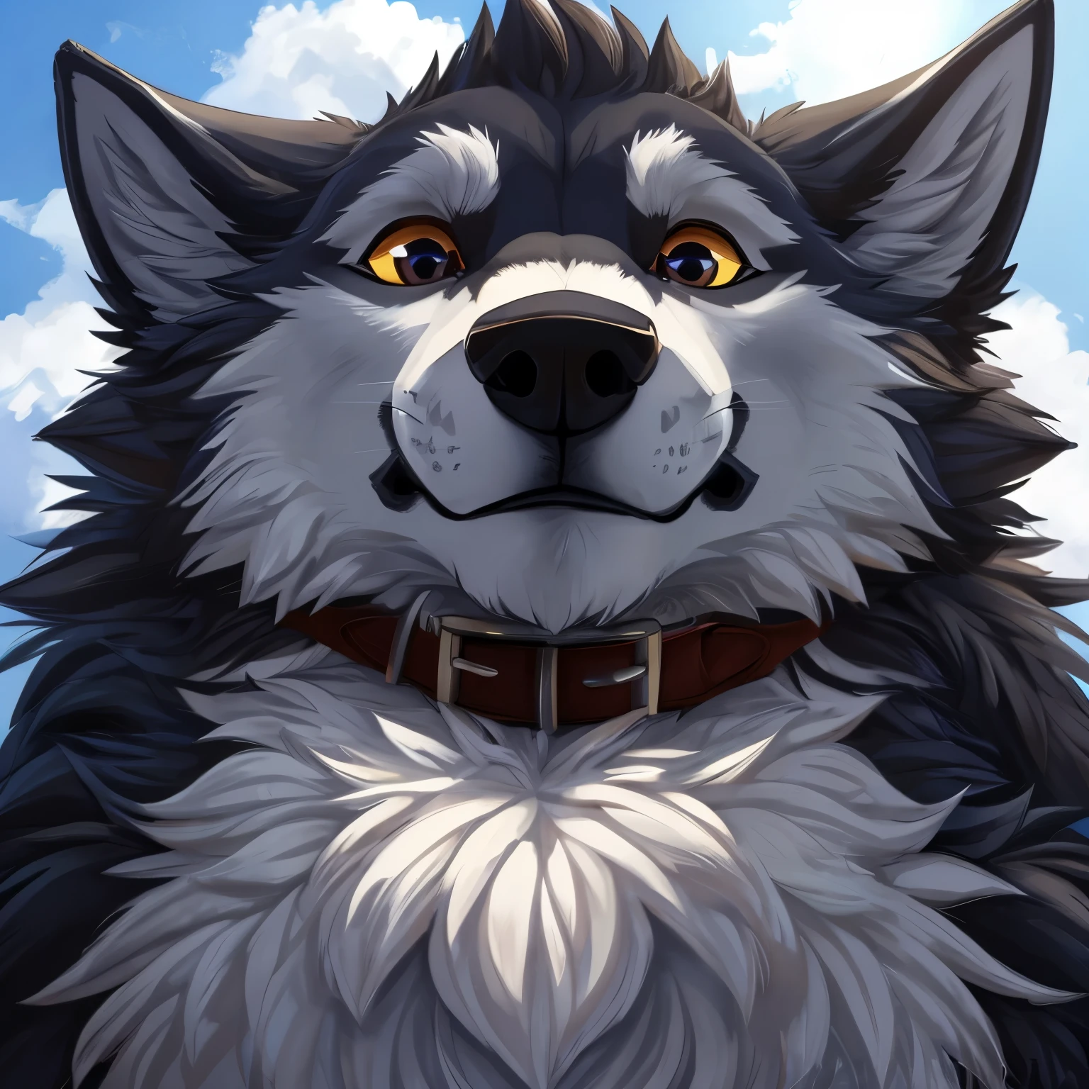 explicit furry artwork by taka,(feral wolf:1.1),(sheath),(cartoon wolf),collar,(four legged),low angle view(front view),(detailed eyes:1.3),(fluffy),(tuft), (correct anatomy:1.1),(4k,hd quality, detailed textures)