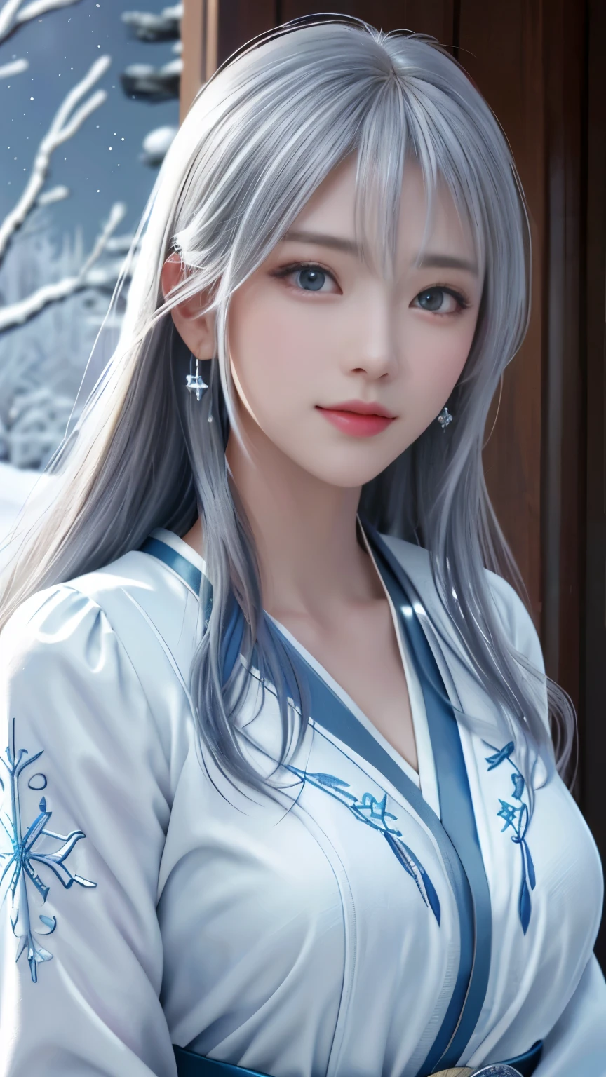 (logo, masterpiece, 8k, table top, RAW photo, wonderful, 最high quality, Photorealistic and hvery detailed CG integrated 8k wallpaper, high quality, very detailed, Narrative poem, particle effects, dynamic effects, Depth of written boundary, cinematic light, Lens flare, ray tracing, anatomically accurate)), fantasy, 1 beautiful woman, silver hair, clear eyes, long hair, beautiful face, real face, 緻密でbeautiful eyes, beautiful skin, long hairがWindでなびく, long hairが跳ねる, long hairがWindで踊る, hair jump, jewelry, beautiful eyes, white kimono, white obi, White cherry blossom embroidery pattern, silver earrings, Wind, snow mountainの中で, snow scene, snow mountain, snow makeup, 雪とhoarfrost, very cold winter day, snow-capped mountainや森, hoarfrost, snow-capped mountain々, The beauty and brilliance of frost-covered trees, The tranquility and beauty of a world of ice and snow, Wind, god々, god話, 古代のWind, Xianxia,