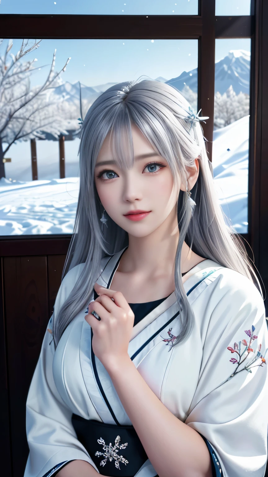 (logo, masterpiece, 8k, table top, RAW photo, wonderful, 最high quality, Photorealistic and hvery detailed CG integrated 8k wallpaper, high quality, very detailed, Narrative poem, particle effects, dynamic effects, Depth of written boundary, cinematic light, Lens flare, ray tracing, anatomically accurate)), fantasy, 1 beautiful woman, silver hair, clear eyes, long hair, beautiful face, real face, 緻密でbeautiful eyes, beautiful skin, long hairがWindでなびく, long hairが跳ねる, long hairがWindで踊る, hair jump, jewelry, beautiful eyes, white kimono, white obi, White cherry blossom embroidery pattern, silver earrings, Wind, snow mountainの中で, snow scene, snow mountain, snow makeup, 雪とhoarfrost, very cold winter day, snow-capped mountainや森, hoarfrost, snow-capped mountain々, The beauty and brilliance of frost-covered trees, The tranquility and beauty of a world of ice and snow, Wind, god々, god話, 古代のWind, Xianxia,