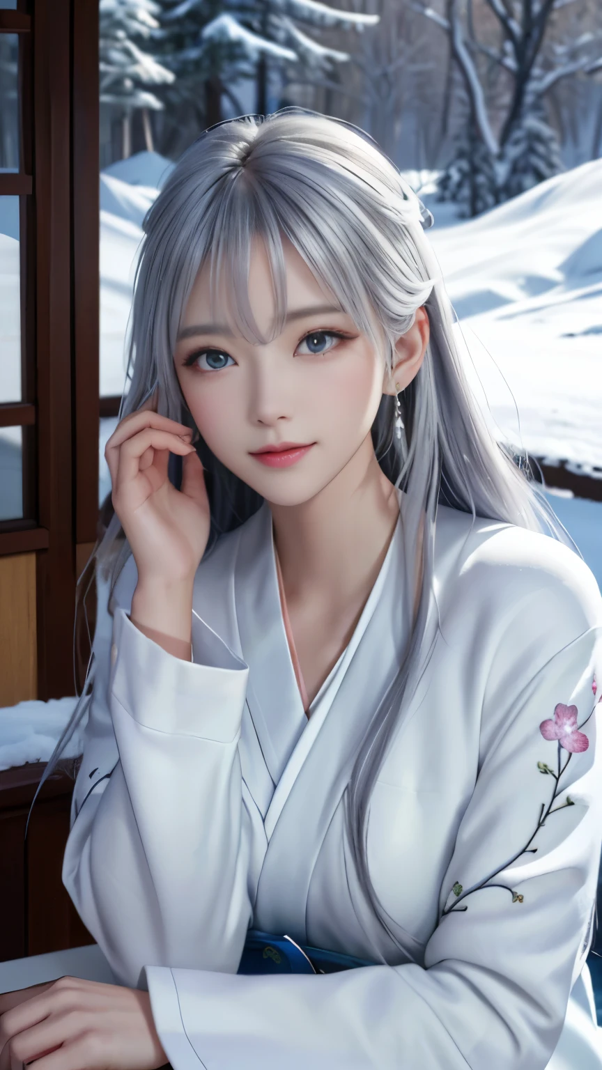 (logo, masterpiece, 8k, table top, RAW photo, wonderful, 最high quality, Photorealistic and hvery detailed CG integrated 8k wallpaper, high quality, very detailed, Narrative poem, particle effects, dynamic effects, Depth of written boundary, cinematic light, Lens flare, ray tracing, anatomically accurate)), fantasy, 1 beautiful woman, silver hair, clear eyes, long hair, beautiful face, real face, 緻密でbeautiful eyes, beautiful skin, long hairがWindでなびく, long hairが跳ねる, long hairがWindで踊る, hair jump, jewelry, beautiful eyes, white kimono, white obi, White cherry blossom embroidery pattern, silver earrings, Wind, snow mountainの中で, snow scene, snow mountain, snow makeup, 雪とhoarfrost, very cold winter day, snow-capped mountainや森, hoarfrost, snow-capped mountain々, The beauty and brilliance of frost-covered trees, The tranquility and beauty of a world of ice and snow