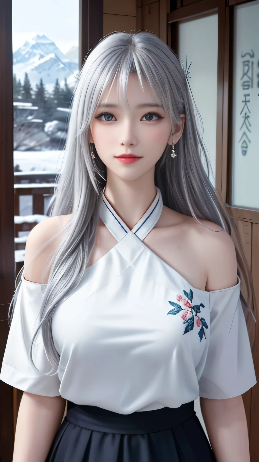 (logo, masterpiece, 8k, table top, RAW photo, wonderful, 最high quality, Photorealistic and hvery detailed CG integrated 8k wallpaper, high quality, very detailed, Narrative poem, particle effects, dynamic effects, Depth of written boundary, cinematic light, Lens flare, ray tracing, anatomically accurate)), fantasy, 1 beautiful woman, silver hair, clear eyes, long hair, beautiful face, real face, 緻密でbeautiful eyes, beautiful skin, long hairがWindでなびく, long hairが跳ねる, long hairがWindで踊る, hair jump, jewelry, beautiful eyes, white kimono, white obi, White cherry blossom embroidery pattern, silver earrings, Wind, snow mountainの中で, snow scene, snow mountain, snow makeup, 雪とhoarfrost, very cold winter day, snow-capped mountainや森, hoarfrost, snow-capped mountain々, The beauty and brilliance of frost-covered trees, The tranquility and beauty of a world of ice and snow