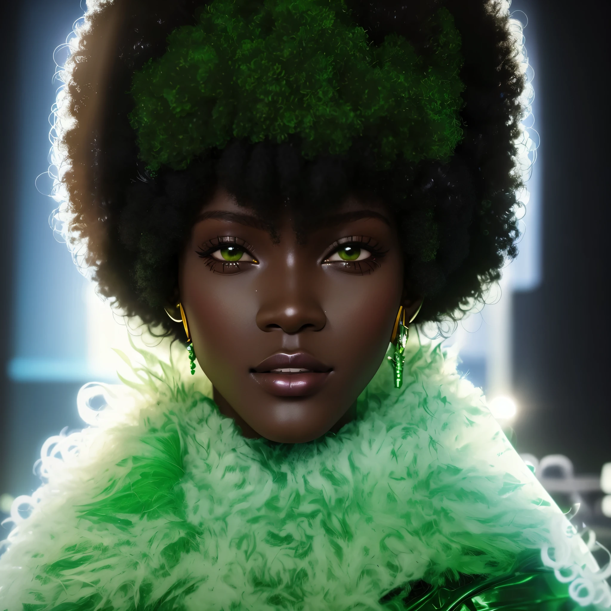there is a woman with a large afro and a bright green dress, afro futuristic, wlop glossy skin, white fur and dark skin, afro, with afro, epic 3 d oshun, 8k portrait render, dark-skinned, ultra high quality model, trending on cg society, big afro, with textured hair and skin, inspired by Barkley Hendricks
