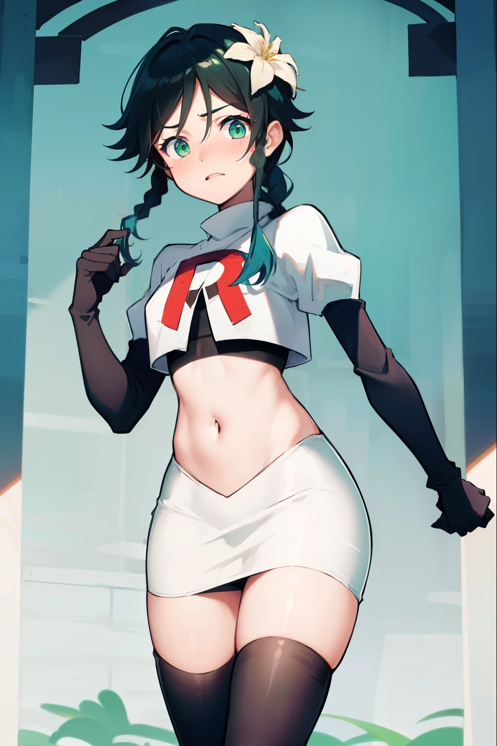 absurdres,venti,1boy, male focus, trap,black hair, green-blue hair, hair braid,hair flower,aqua green eyes,crossdressing,1boy,team rocket,team rocket uniform,white skirt,red letter R,crop top,black thigh-highs,black elbow gloves, embarrassed, blush