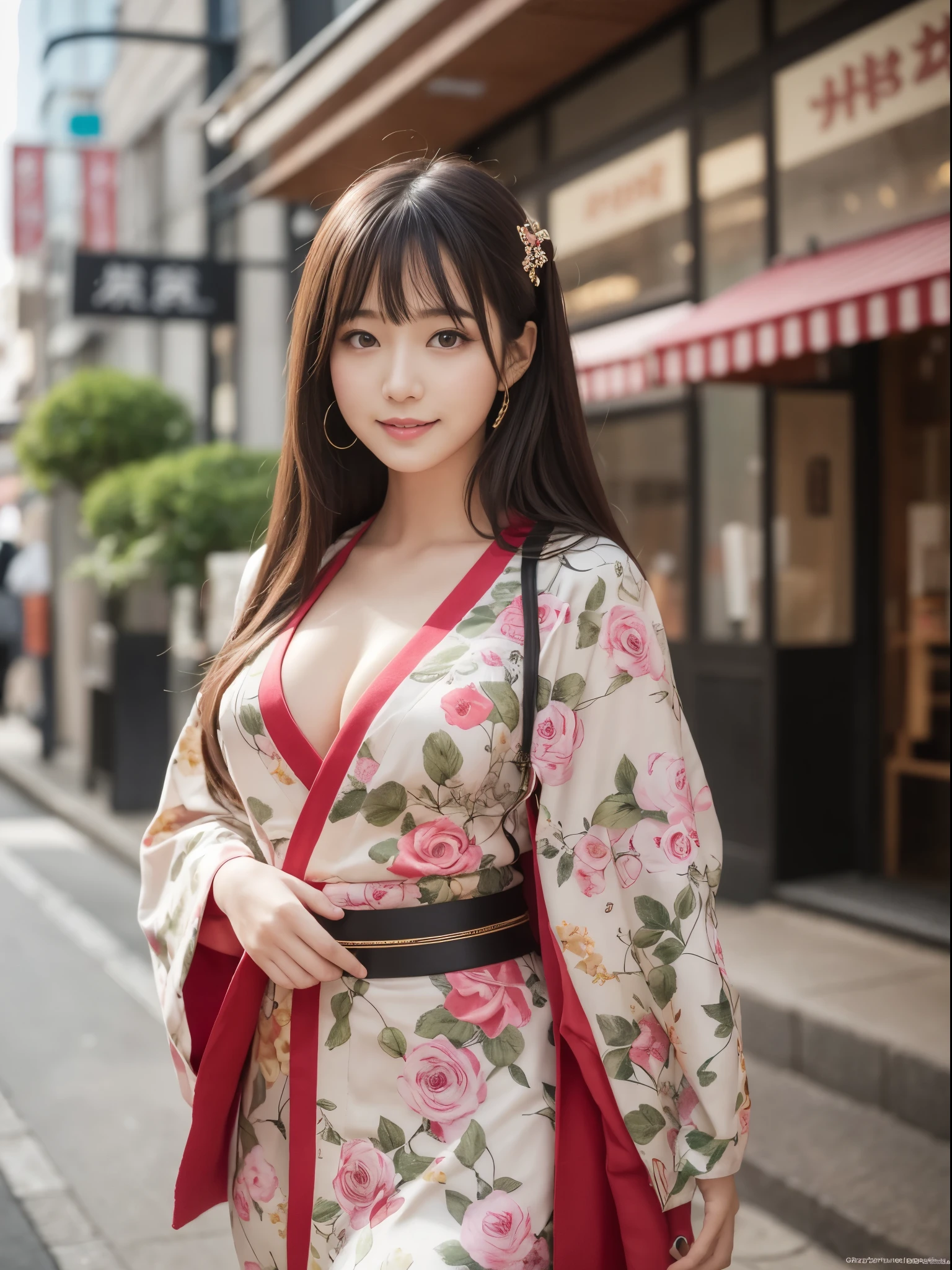 table top, highest quality, figure, super detailed, finely, High resolution, 8k wallpaper, 完璧なダイナミックな構figure, detailed and beautiful eyes, She wears a red kimono,medium hair,natural color lip, bold sexy pose,smile,Harajuku、23 year old Japanese girl、cute、sexy shot looking at camera、perfect proportions、C cup、brown hair、cacique#39;face、Blurred green park background
