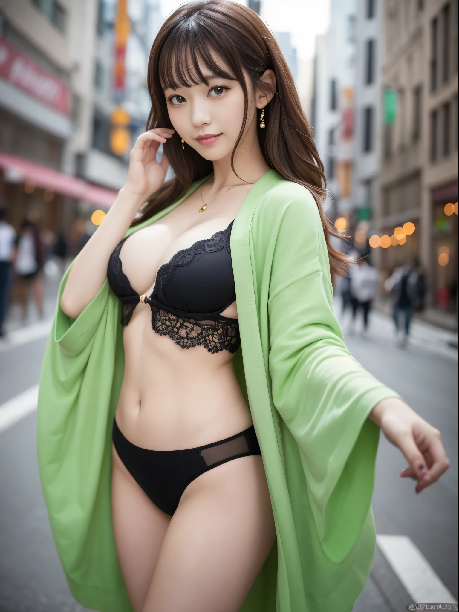 table top, highest quality, figure, super detailed, finely, High resolution, 8k wallpaper, 完璧なダイナミックな構figure, detailed and beautiful eyes, She wears a red kimono,medium hair,natural color lip, bold sexy pose,smile,Harajuku、23 year old Japanese girl、cute、sexy shot looking at camera、perfect proportions、C cup、brown hair、cacique#39;face、Blurred green park background
