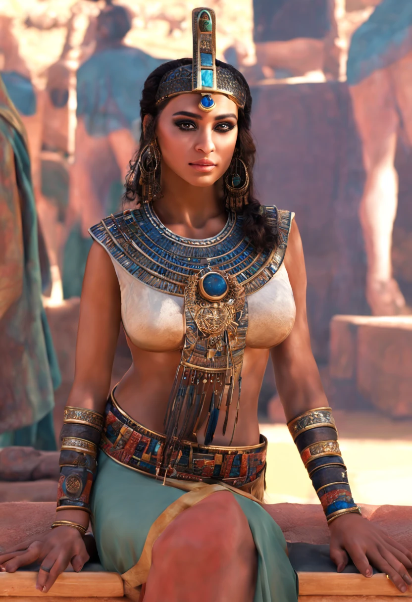 (best quality,4k,highres,masterpiece:1.2),ultra-detailed,(realistic,photorealistic,photo-realistic:1.37), HDR, UHD, An (extremely beautiful Egyptian woman age: 18, hourglass figure, blessed proportions, dressed appropriately for the era and location) is attending the Opet festival in Ancient Egypt, she is in a Thebes with many other women nearby. (Show her entire body, show her from head to toe, full body shot).