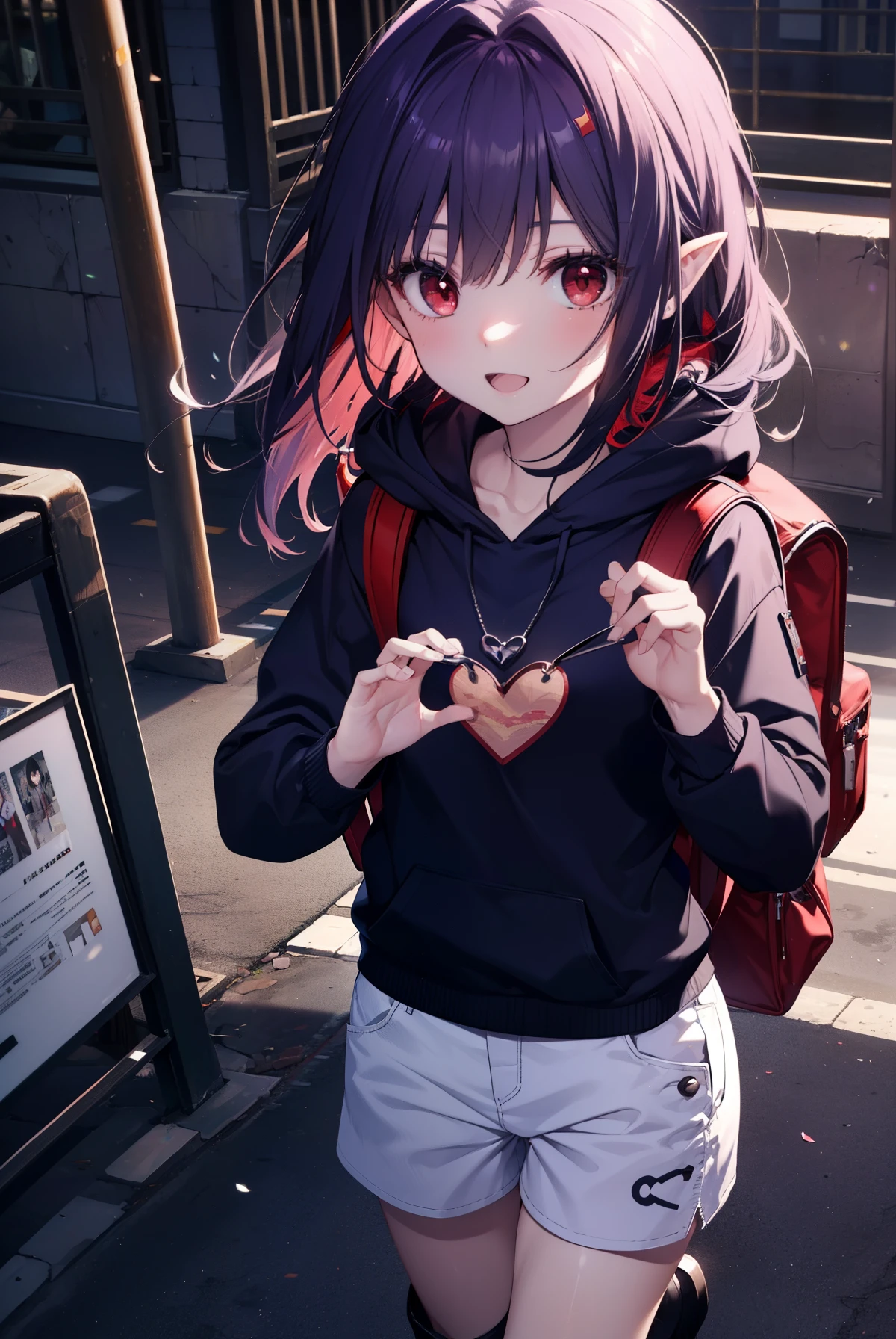 yuukikonno, Yuki Konno, hair band, long hair, pointed ears, purple hair, (red eyes:1.5), (small breasts:1.2), open your mouth,smile,purple hoodie　wearing a hood,black t-shirt,heart shaped necklace,white pantyhose,shorts,short boots,school gate,walking,rucksack,
break looking at viewer, Upper body, whole body,
break outdoors, University,
break (masterpiece:1.2), highest quality, High resolution, unity 8k wallpaper, (figure:0.8), (detailed and beautiful eyes:1.6), highly detailed face, perfect lighting, Very detailed CG, (perfect hands, perfect anatomy),