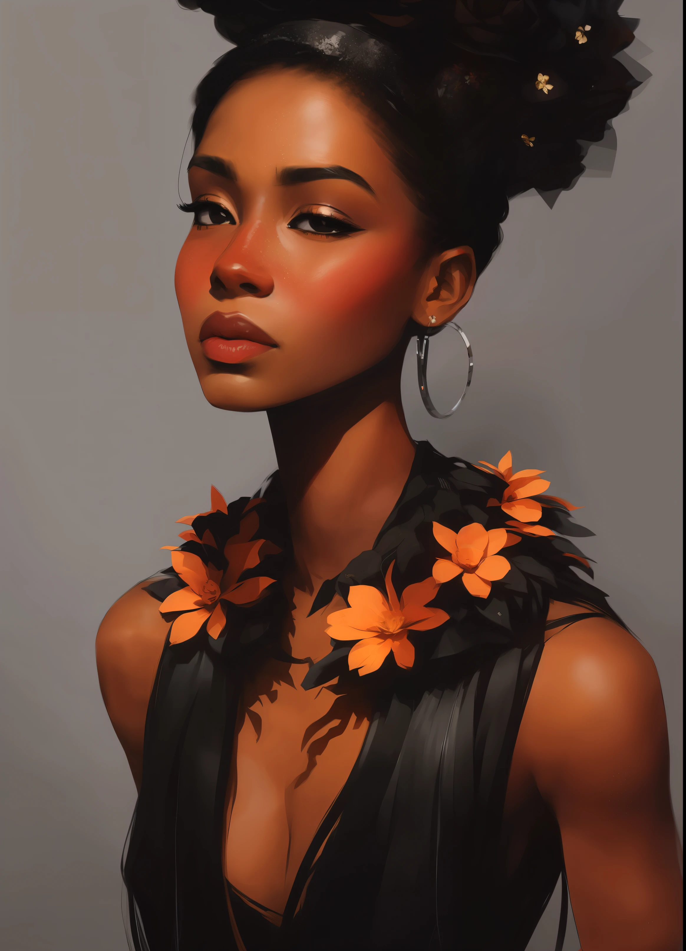 Charlie Bowater, Lithography sketch portrait of a black Congolese woman, rich ebony skin, flowers, dieselpunk, multi-colored ribbons, old paper texture, highly detailed, full upper body, medium shot, masterpiece 