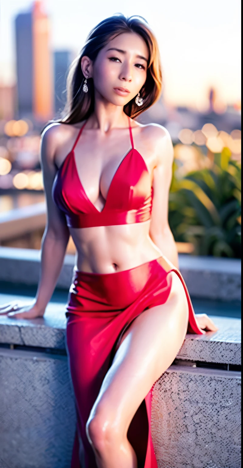 masterpiece, highest quality, High resolution, (realistic:1.4), earrings, (Depth of the bounds written:1.8), beautiful korean girl, thigh gap, 1 girl, long hair, ponytail, (alone:1.1), red, (Slit skirt curtain:1.5),(Halter neck T-shirt), Tolerate, Tolerate者, bare shoulders, elbow bag, (looking at the viewer:1.2), (smile:1.2), (whole body:1.), (in the city:1.5), Medium chest, (Pueros face_v1:0.5),