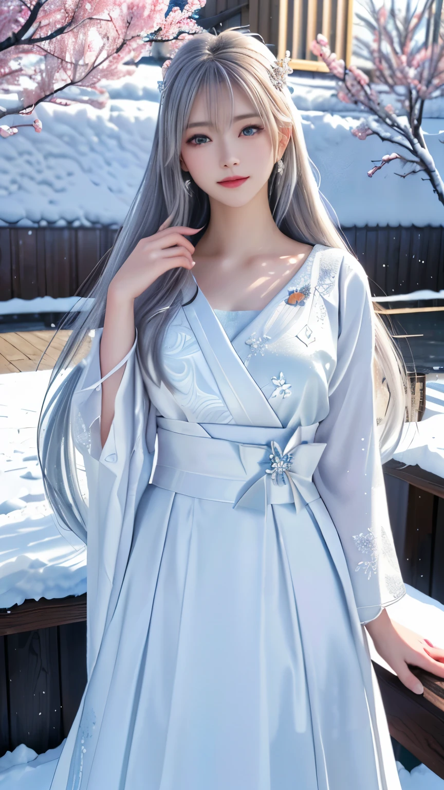 ((logo, masterpiece, 8k, table top, RAW photo, wonderful, 最high quality, Photorealistic and hvery detailed CG integrated 8k wallpaper, high quality, very detailed, Narrative poem, particle effects, dynamic effects, Depth of written boundary, cinematic light, Lens flare, ray tracing, anatomically accurate)), fantasy, 1 beautiful woman, silver hair, clear eyes, long hair, beautiful face, real face, 緻密でbeautiful eyes, beautiful skin, ((long hairがWindでなびく, long hairが跳ねる, long hairがWindで踊る)), hair jump, jewelry, beautiful eyes, white kimono, white obi, White cherry blossom embroidery pattern, silver earrings, Wind, snow mountainの中で, snow scene, snow mountain, snow makeup, 雪とhoarfrost, very cold winter day, snow-capped mountainや森, hoarfrost, snow-capped mountain々, The beauty and brilliance of frost-covered trees, The tranquility and beauty of a world of ice and snow