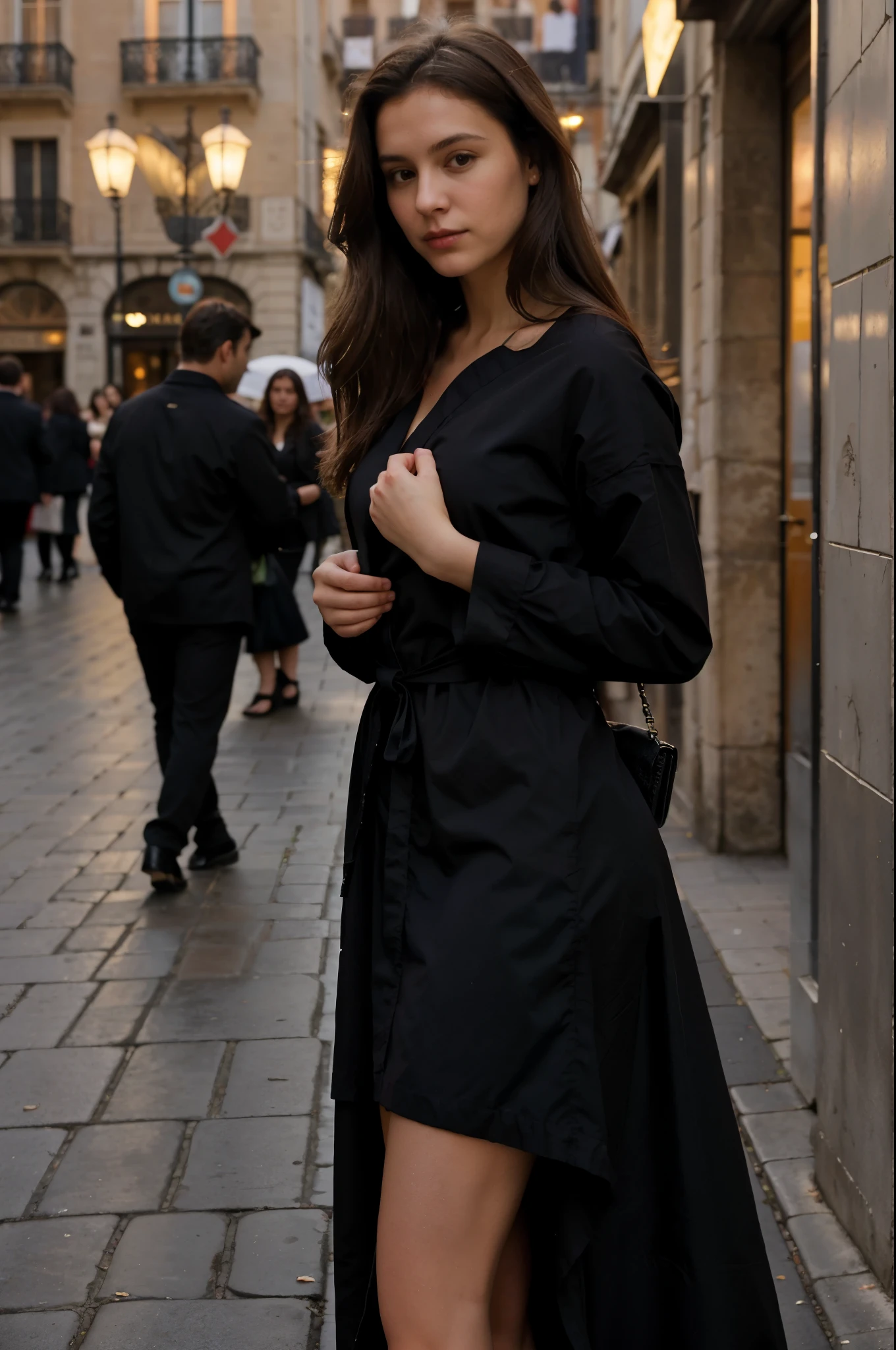 hyperrealistic photography, mignon , 30 ans, longs cheveux bruns, robe longue noire moulante, 64 Ko, Chef-d'artwork, photo nette, Regarder le spectateur, dark brown hair, tenant un sac Dior, avec une chemise moulante, Rue de Barcelona The Holy Family behind, Long dark brown hair, Corps parfait, Model you are looking for, Photo réaliste d'une fille, porter une longue robe noire moulante, sombre dehors, Just after sunset, gardant ses mains derrière elle,