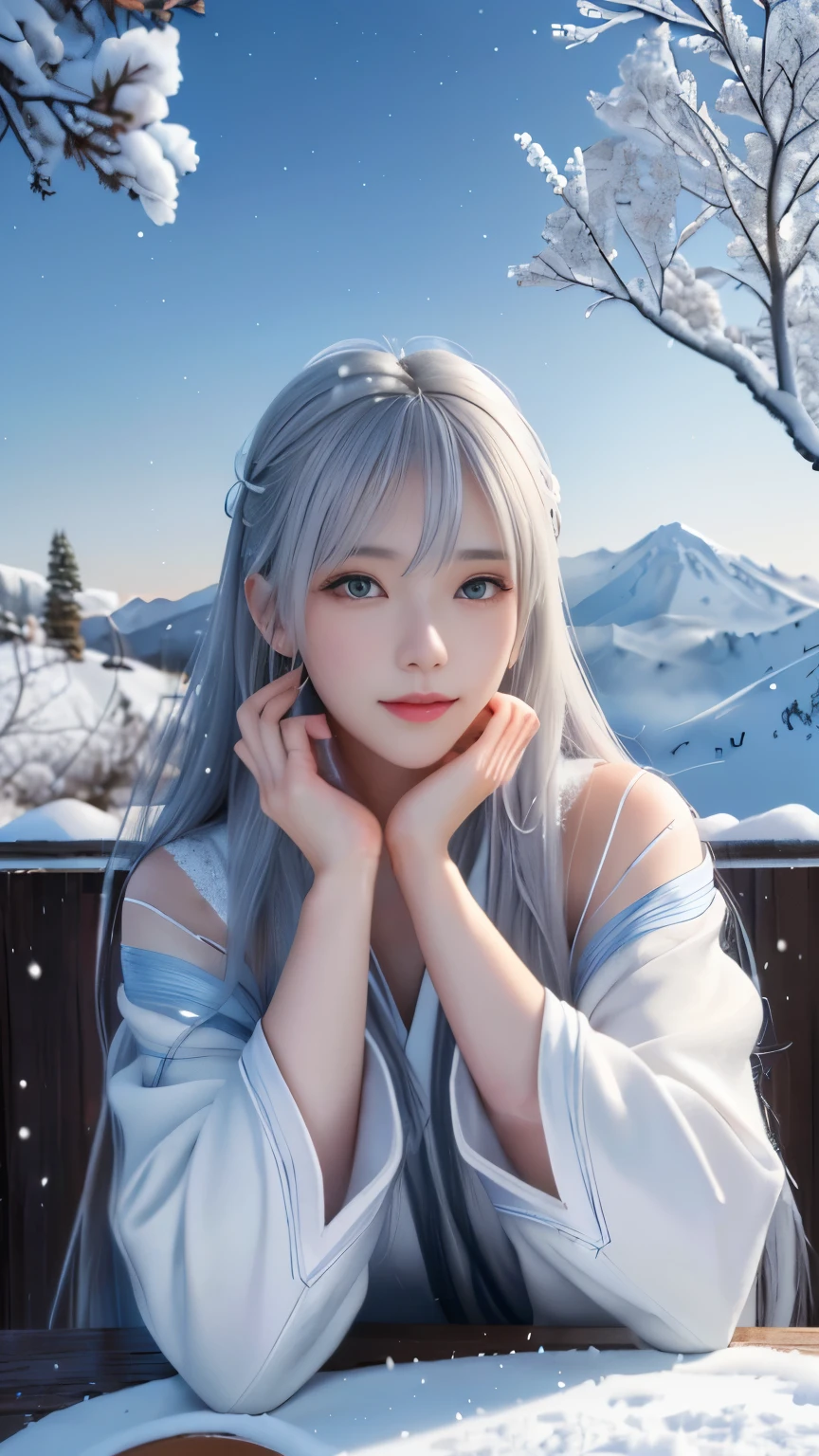 ((logo, masterpiece, 8k, table top, RAW photo, wonderful, 最high quality, Photorealistic and hvery detailed CG integrated 8k wallpaper, high quality, very detailed, Narrative poem, particle effects, dynamic effects, Depth of written boundary, cinematic light, Lens flare, ray tracing, anatomically accurate)), fantasy, 1 beautiful woman, silver hair, clear eyes, long hair, beautiful face, real face, 緻密でbeautiful eyes, beautiful skin, ((long hairがWindでなびく, long hairが跳ねる, long hairがWindで踊る)), hair jump, jewelry, beautiful eyes, white kimono, white obi, White cherry blossom embroidery pattern, silver earrings, Wind, snow mountainの中で, snow scene, snow mountain, snow makeup, 雪とhoarfrost, very cold winter day, snow-capped mountainや森, hoarfrost, snow-capped mountain々, The beauty and brilliance of frost-covered trees, The tranquility and beauty of a world of ice and snow
