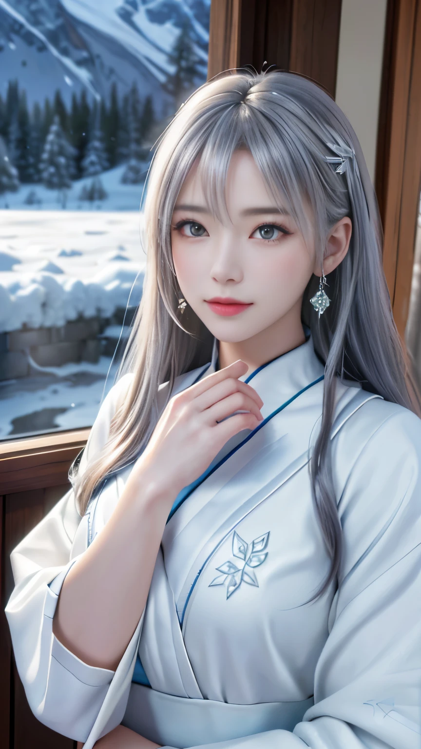 ((logo, masterpiece, 8k, table top, RAW photo, wonderful, 最high quality, Photorealistic and hvery detailed CG integrated 8k wallpaper, high quality, very detailed, Narrative poem, particle effects, dynamic effects, Depth of written boundary, cinematic light, Lens flare, ray tracing, anatomically accurate)), fantasy, 1 beautiful woman, silver hair, clear eyes, long hair, beautiful face, real face, 緻密でbeautiful eyes, beautiful skin, ((long hairがWindでなびく, long hairが跳ねる, long hairがWindで踊る)), hair jump, jewelry, beautiful eyes, white kimono, white obi, White cherry blossom embroidery pattern, silver earrings, Wind, snow mountainの中で, snow scene, snow mountain, snow makeup, 雪とhoarfrost, very cold winter day, snow-capped mountainや森, hoarfrost, snow-capped mountain々, The beauty and brilliance of frost-covered trees, The tranquility and beauty of a world of ice and snow