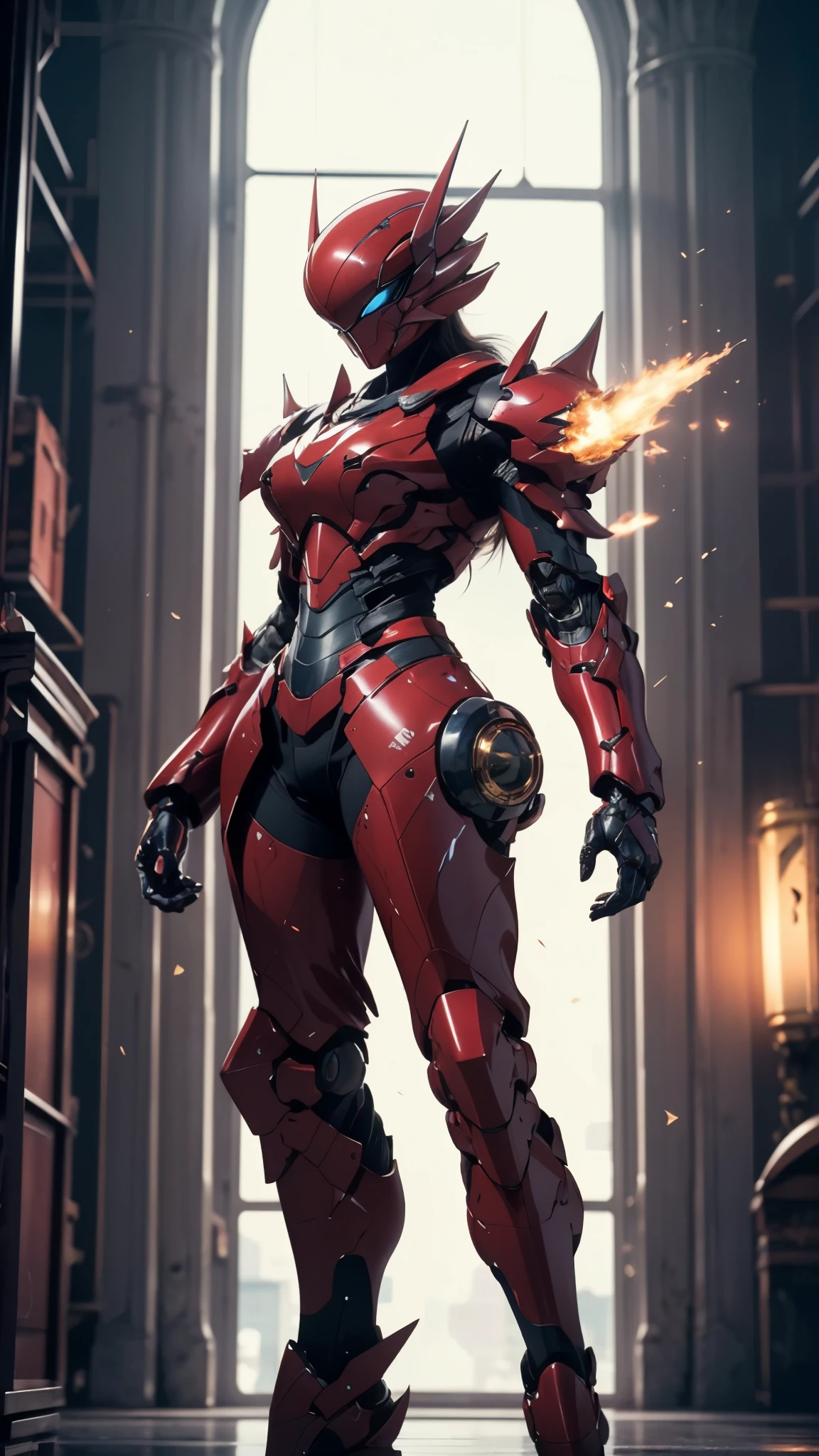 A woman adorned in fantasy-style full-body armor, a crown-concept fully enclosed helmet that unveils only her eyes, a composite layered chest plate, fully encompassing shoulder and hand guards, a lightweight waist armor, form-fitting shin guards, the overall design is heavy-duty yet flexible, ((the armor gleams with a golden glow, complemented by red and blue accents)), exhibiting a noble aura, she floats above a fantasy-surreal high-tech city, this character embodies a finely crafted fantasy-surreal style armored hero in anime style, exquisite and mature manga art style, (Queen bee mixed with Spider concept Armor, plasma, blood), ((Element, energy, elegant, goddess, femminine:1.5)), metallic, high definition, best quality, highres, ultra-detailed, ultra-fine painting, extremely delicate, professional, anatomically correct, symmetrical face, extremely detailed eyes and face, high quality eyes, creativity, RAW photo, UHD, 32k, Natural light, cinematic lighting, masterpiece-anatomy-perfect, masterpiece:1.5