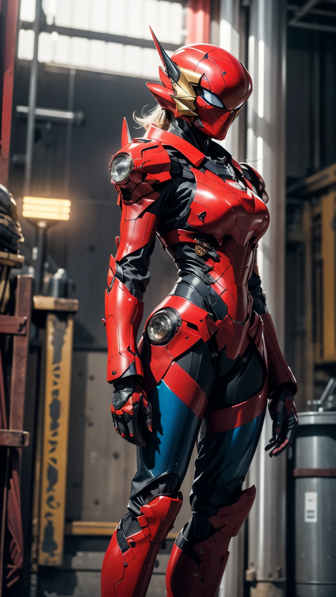 A woman adorned in fantasy-style full-body armor, a crown-concept fully enclosed helmet that unveils only her eyes, a composite layered chest plate, fully encompassing shoulder and hand guards, a lightweight waist armor, form-fitting shin guards, the overall design is heavy-duty yet flexible, ((the armor gleams with a golden glow, complemented by red and blue accents)), exhibiting a noble aura, she floats above a fantasy-surreal high-tech city, this character embodies a finely crafted fantasy-surreal style armored hero in anime style, exquisite and mature manga art style, (Queen bee mixed with Spider concept Armor, plasma, blood), ((Element, energy, elegant, goddess, femminine:1.5)), metallic, high definition, best quality, highres, ultra-detailed, ultra-fine painting, extremely delicate, professional, anatomically correct, symmetrical face, extremely detailed eyes and face, high quality eyes, creativity, RAW photo, UHD, 32k, Natural light, cinematic lighting, masterpiece-anatomy-perfect, masterpiece:1.5