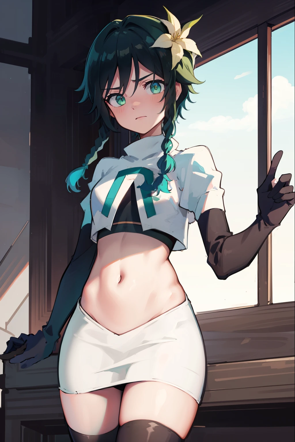 absurdres,venti,1boy, male focus, trap,black hair, green-blue hair, hair braid,hair flower,aqua green eyes,crossdressing,1boy,team rocket,team rocket uniform,white skirt,red letter R,crop top,black thigh-highs,black elbow gloves, embarrassed, blush