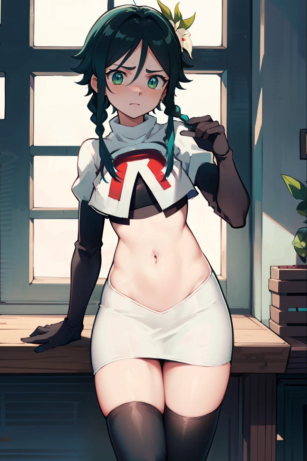 absurdres,venti,1boy, male focus, trap,black hair, green-blue hair, hair braid,hair flower,aqua green eyes,crossdressing,1boy,team rocket,team rocket uniform,white skirt,red letter R,crop top,black thigh-highs,black elbow gloves, embarrassed, blush